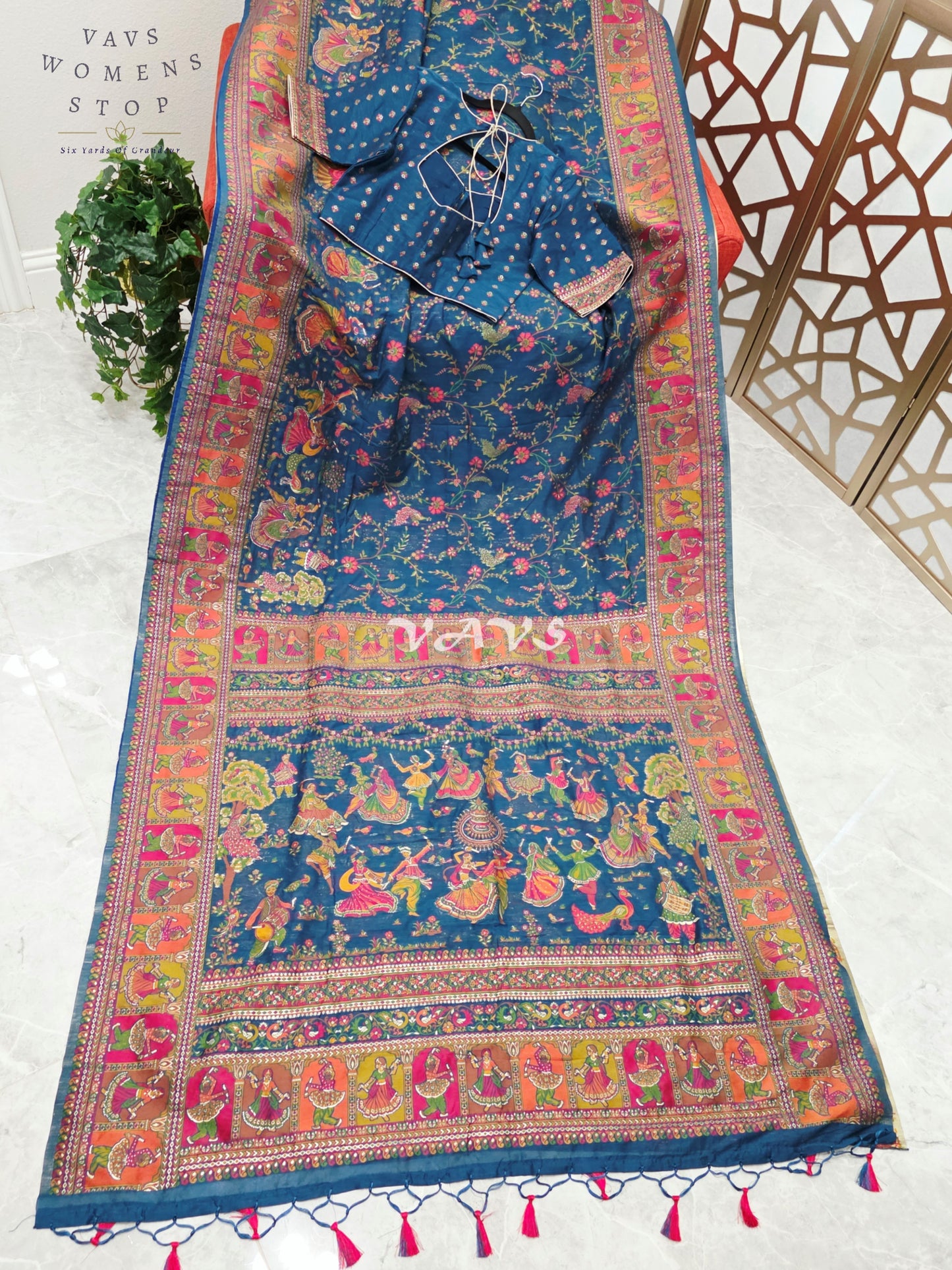 Royal Peacock Blue Pure Kani Silk Kashmiri Saree with Heritage Folk Art Pallu & Stitched Blouse Size 36-42