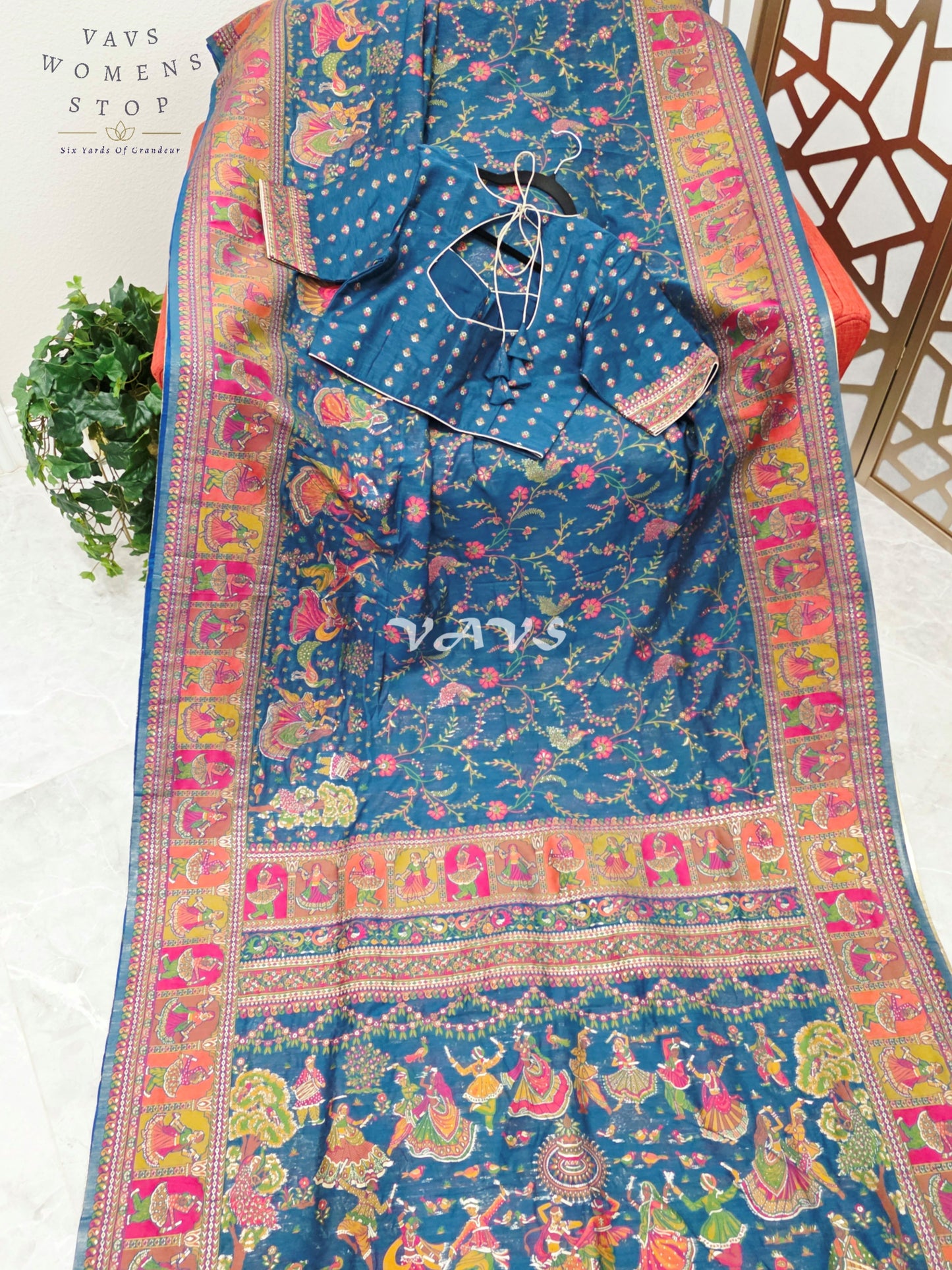 Royal Peacock Blue Pure Kani Silk Kashmiri Saree with Heritage Folk Art Pallu & Stitched Blouse Size 36-42