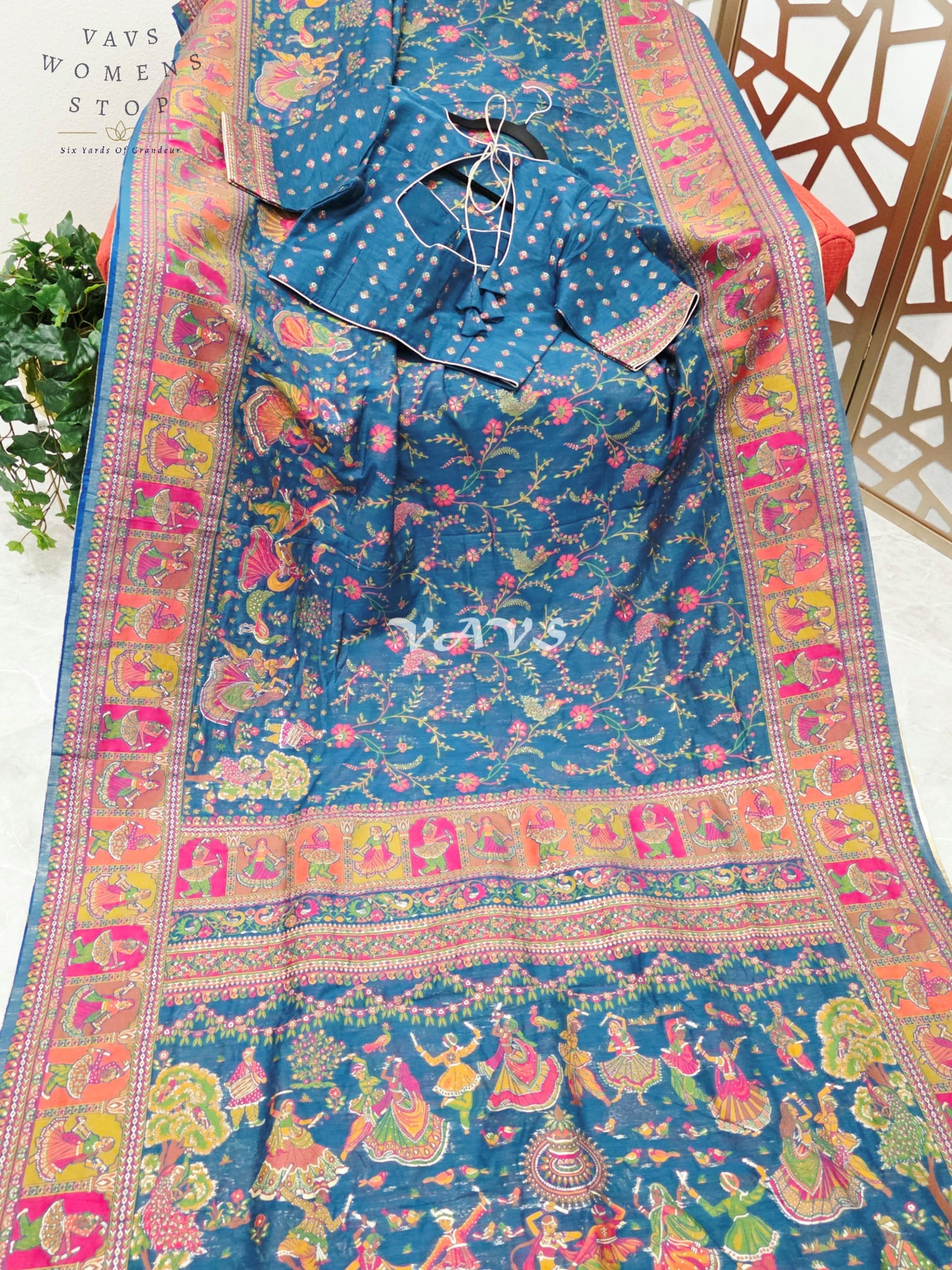 Royal Peacock Blue Pure Kani Silk Kashmiri Saree with Heritage Folk Art Pallu & Stitched Blouse Size 36-42