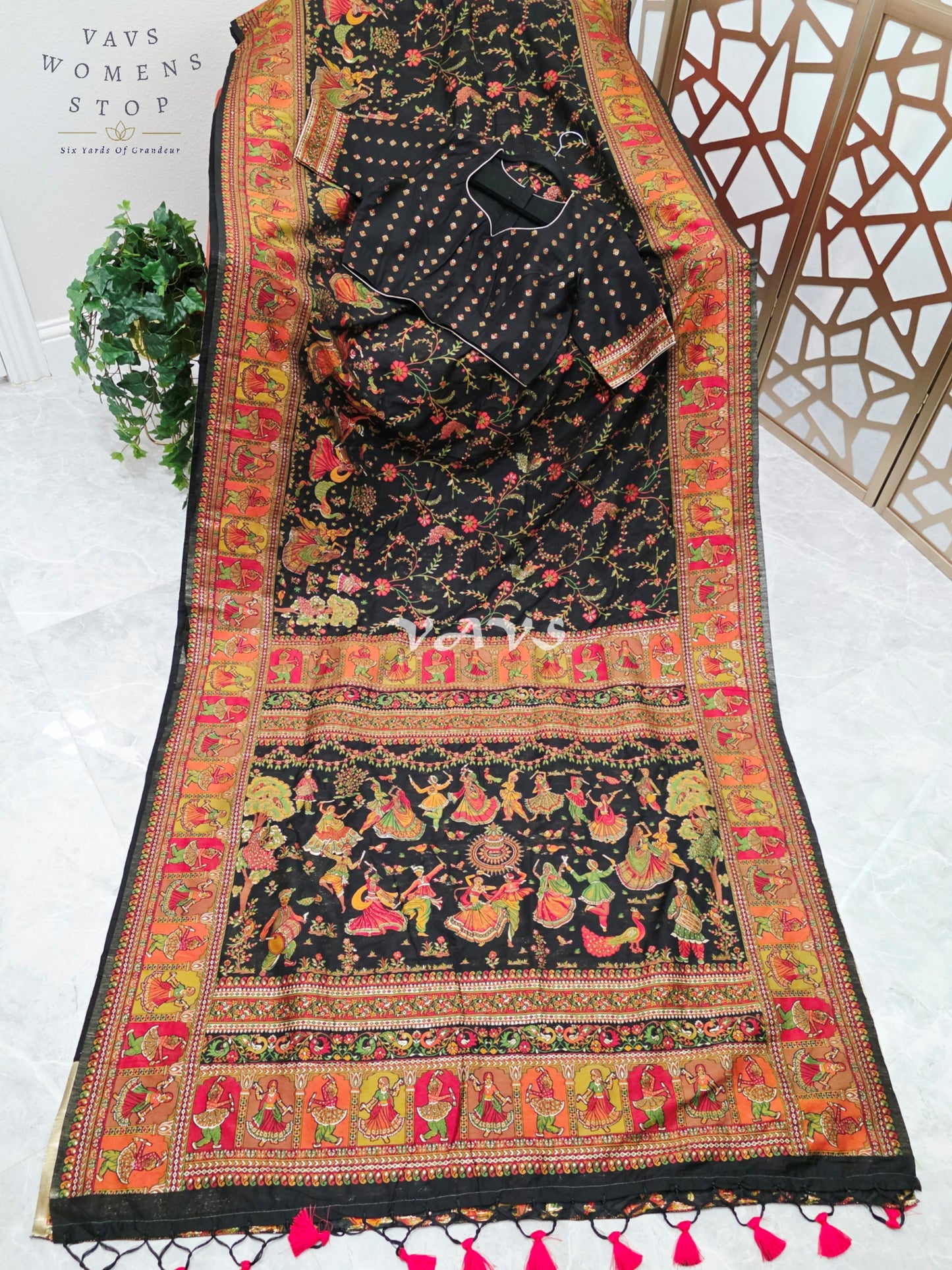 Midnight Black Pure Kani Silk Kashmiri Saree with Heritage Folk Art Pallu & Stitched Blouse Size 40-46