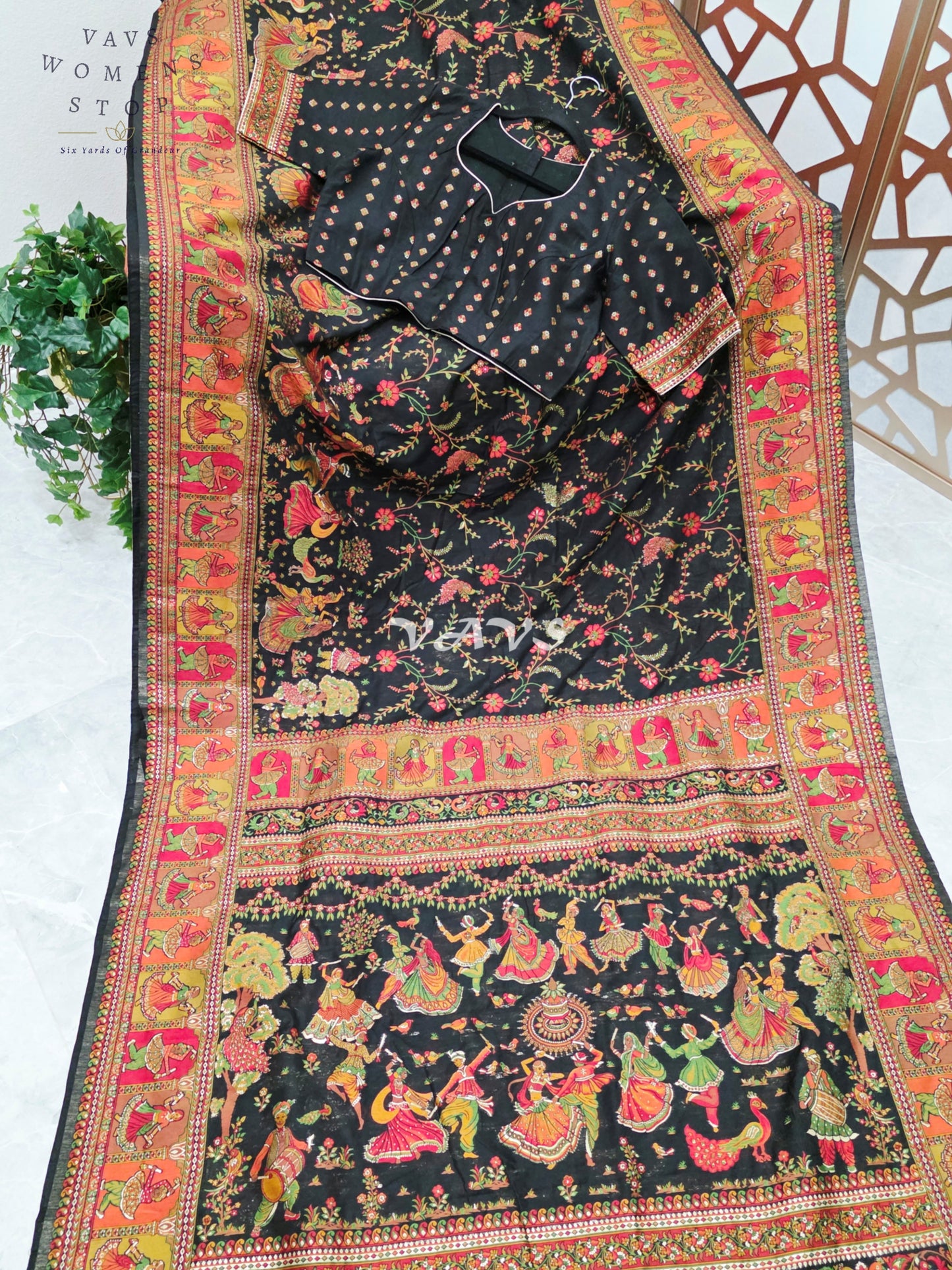 Midnight Black Pure Kani Silk Kashmiri Saree with Heritage Folk Art Pallu & Stitched Blouse Size 40-46