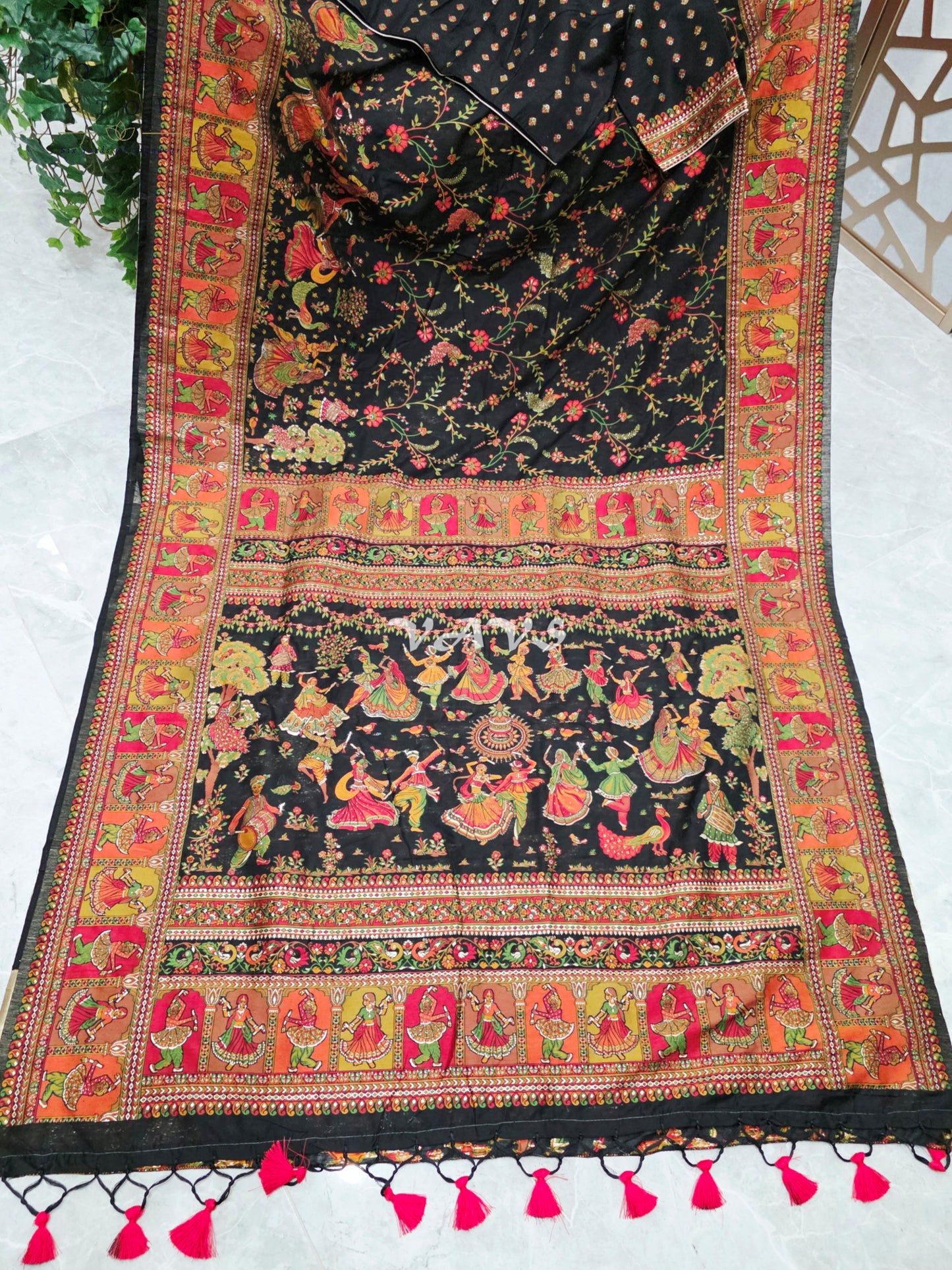 Midnight Black Pure Kani Silk Kashmiri Saree with Heritage Folk Art Pallu & Stitched Blouse Size 40-46