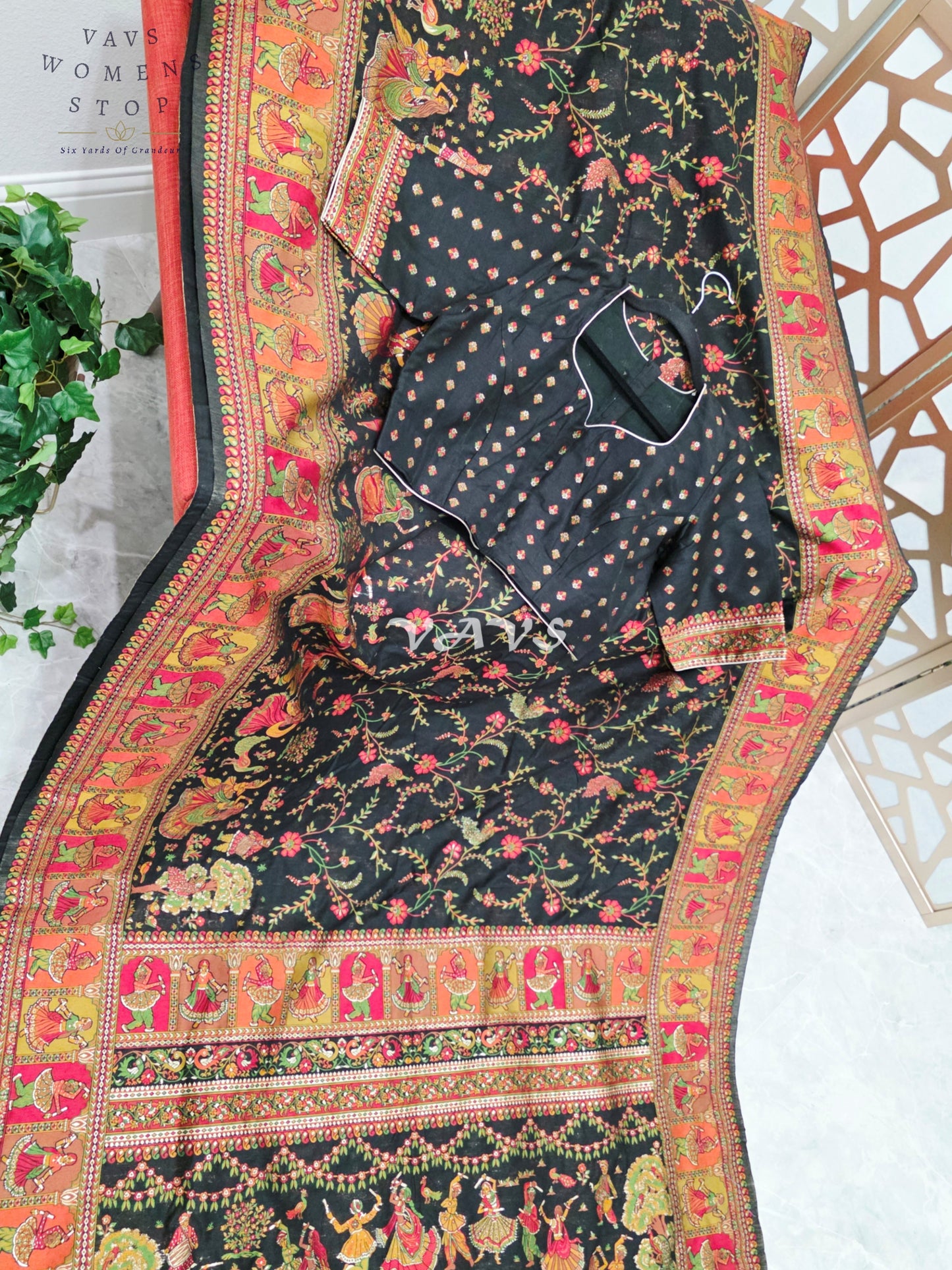 Midnight Black Pure Kani Silk Kashmiri Saree with Heritage Folk Art Pallu & Stitched Blouse Size 40-46