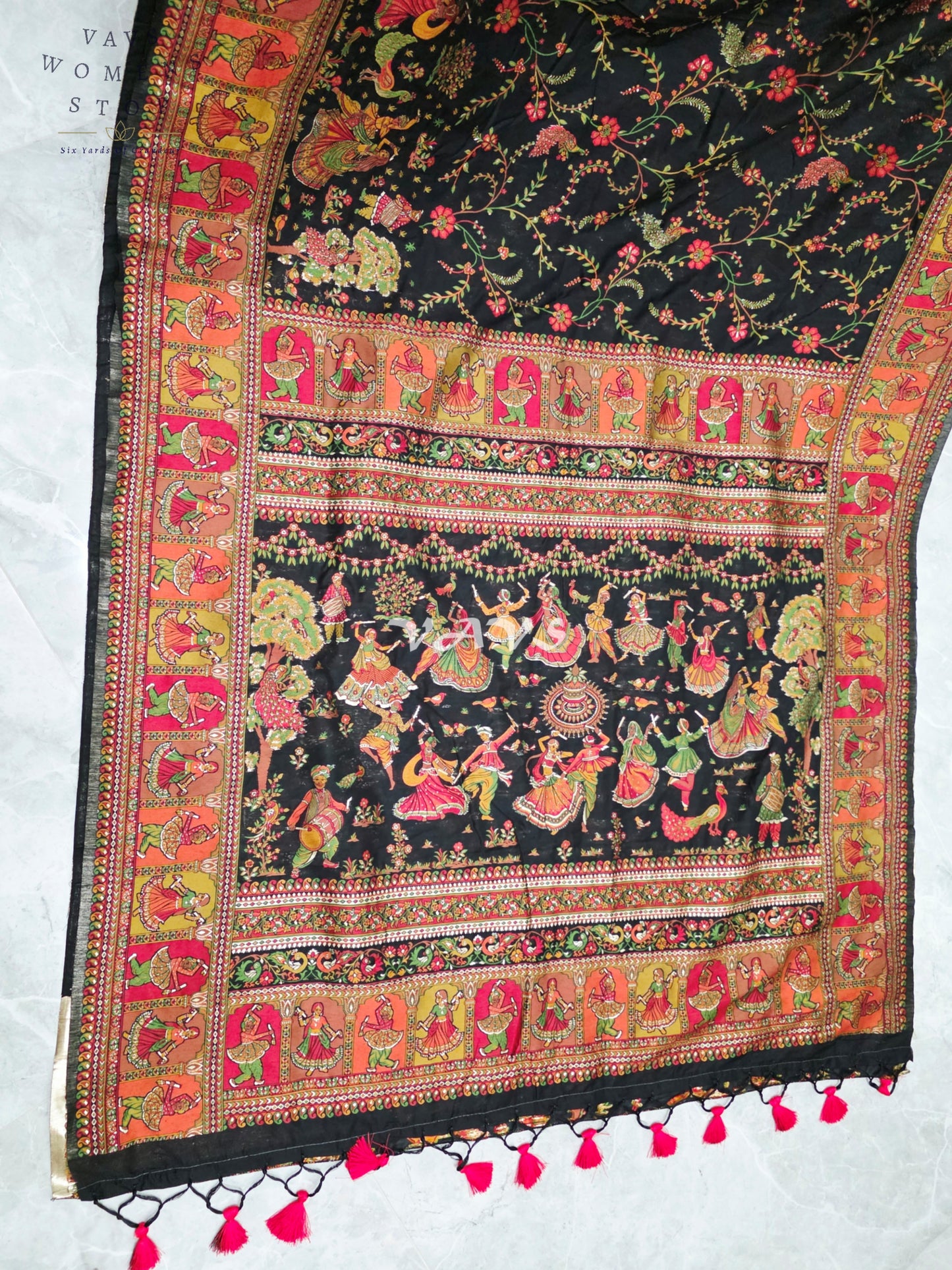 Midnight Black Pure Kani Silk Kashmiri Saree with Heritage Folk Art Pallu & Stitched Blouse Size 40-46