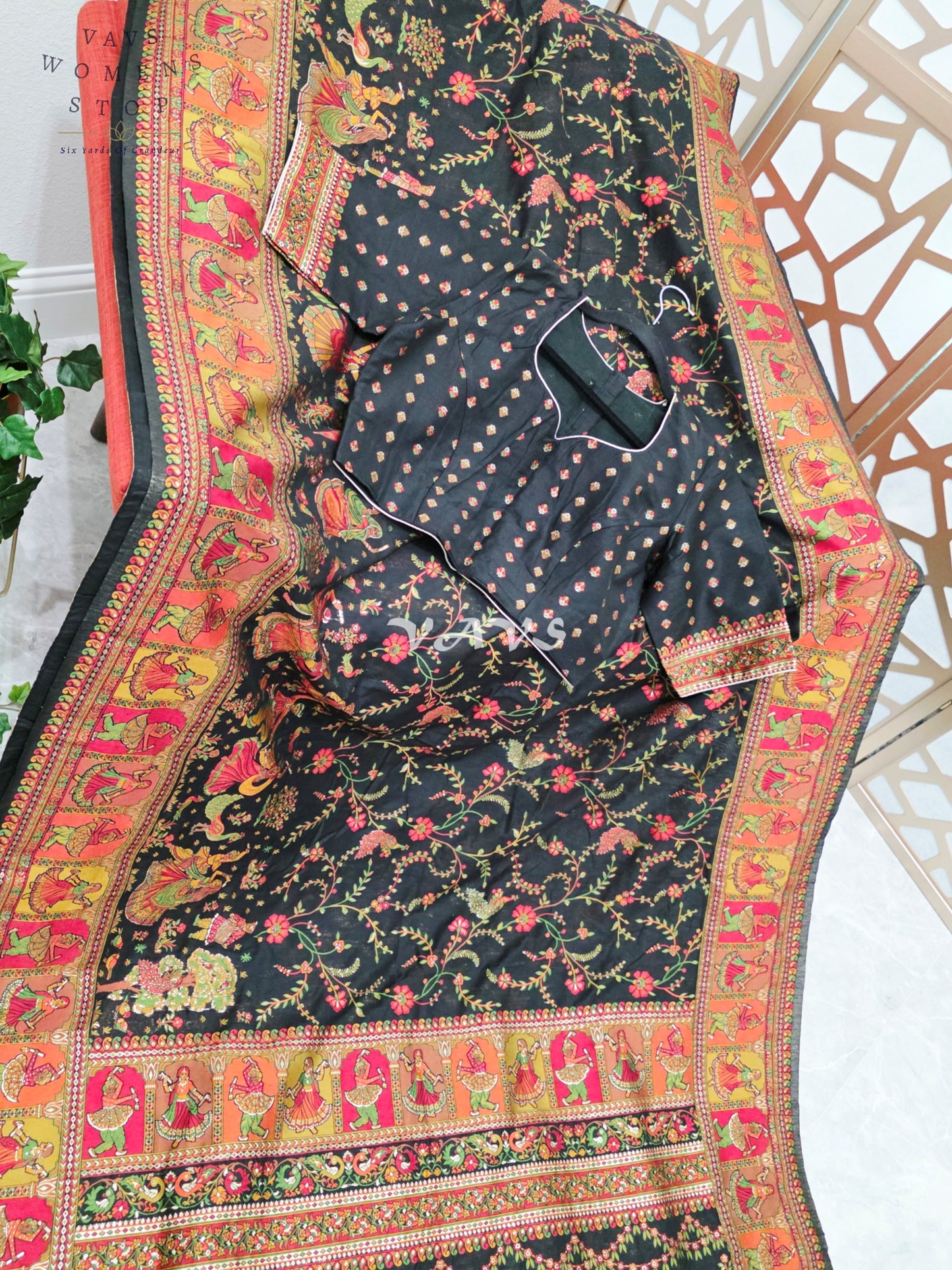 Midnight Black Pure Kani Silk Kashmiri Saree with Heritage Folk Art Pallu & Stitched Blouse Size 40-46