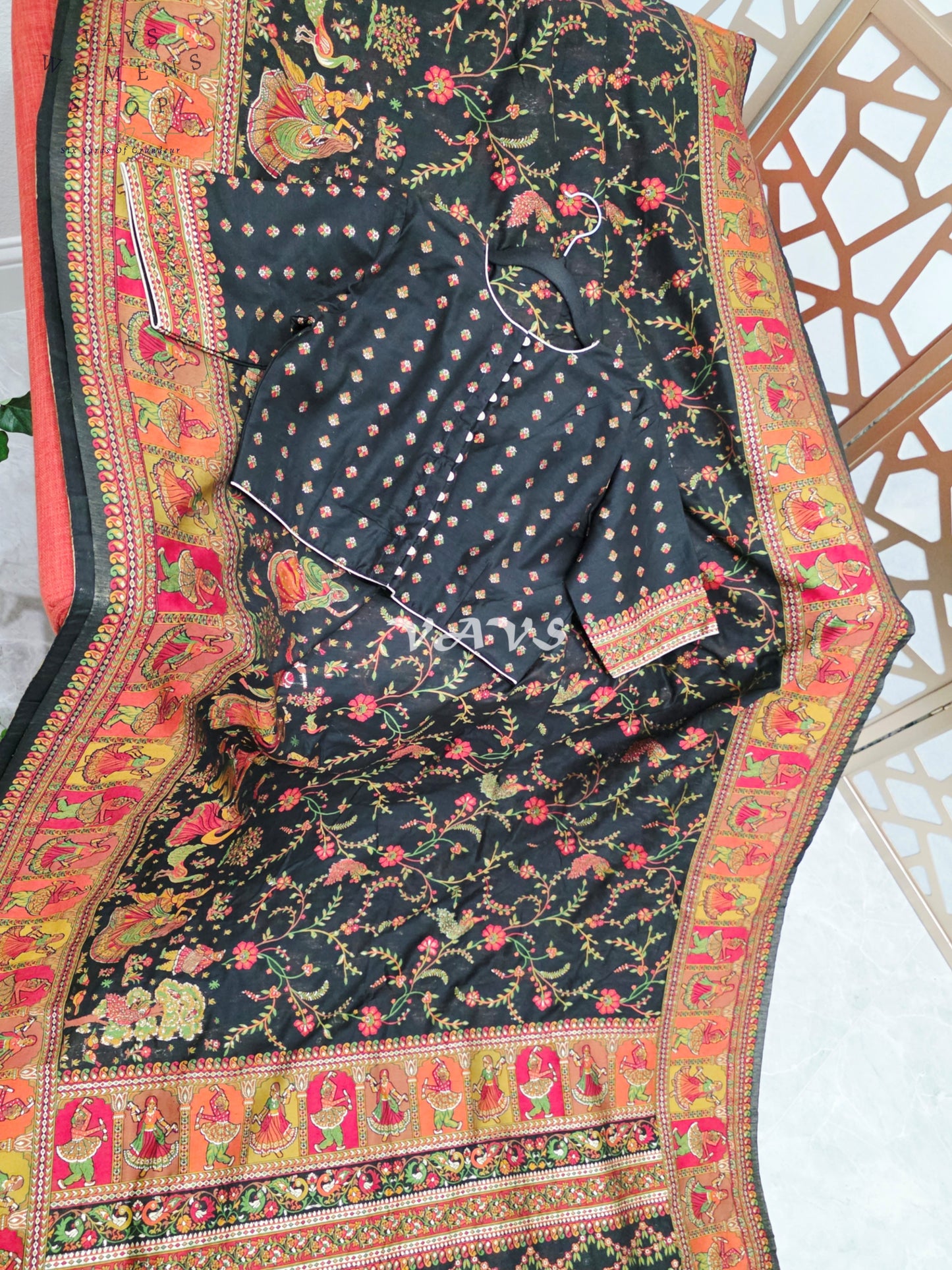 Midnight Black Pure Kani Silk Kashmiri Saree with Heritage Folk Art Pallu & Stitched Blouse Size 40-46