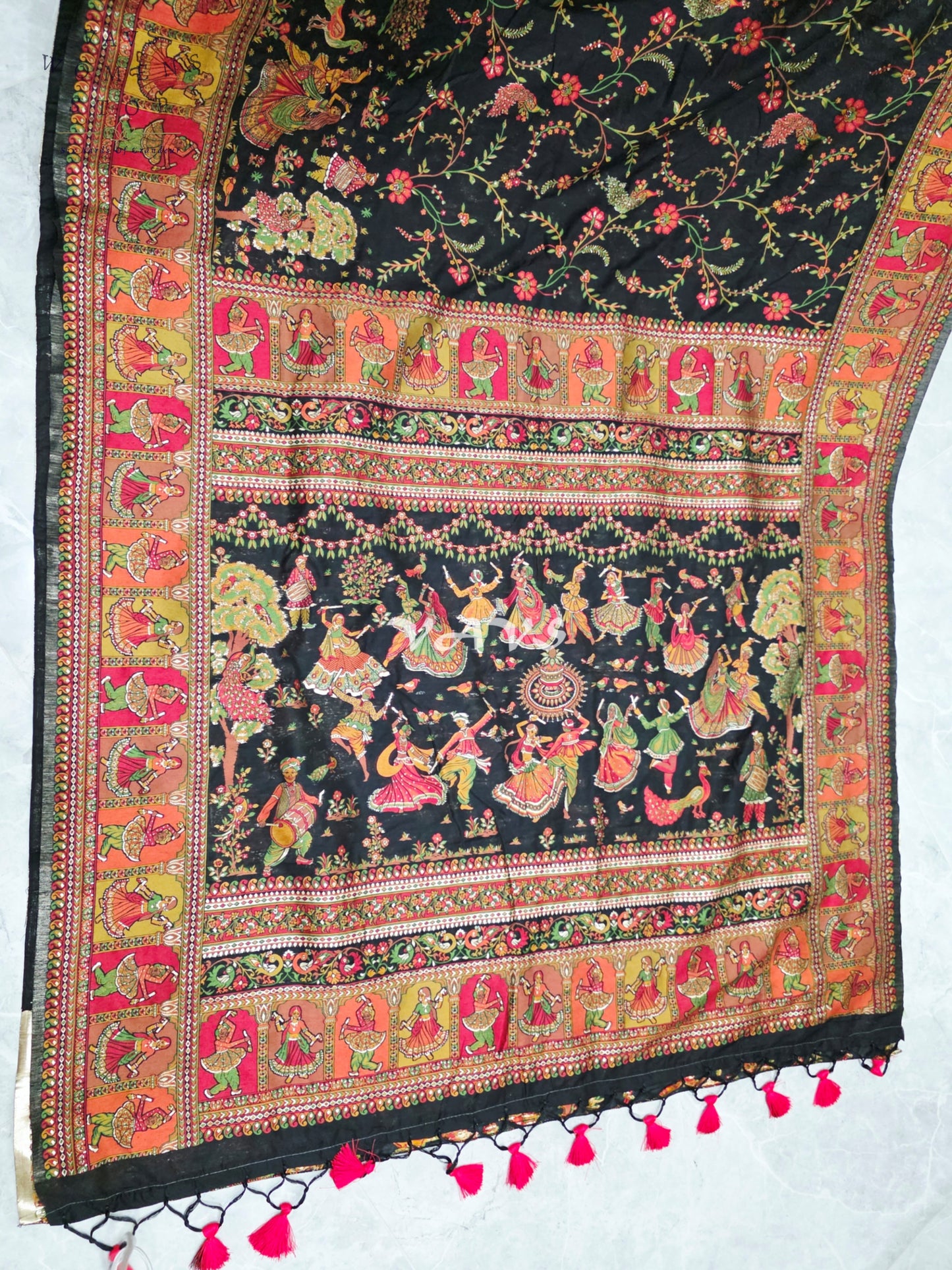 Midnight Black Pure Kani Silk Kashmiri Saree with Heritage Folk Art Pallu & Stitched Blouse Size 40-46