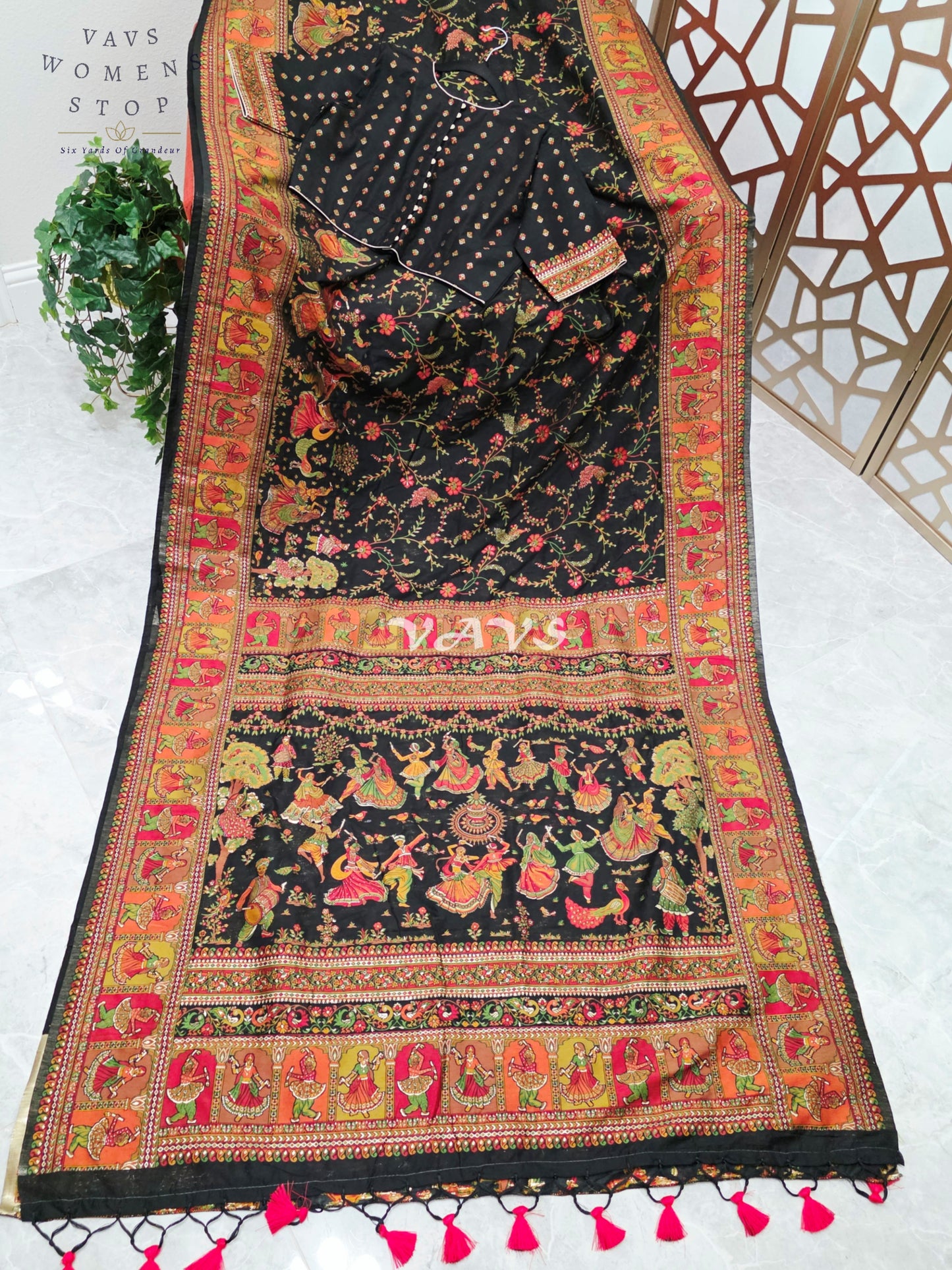 Midnight Black Pure Kani Silk Kashmiri Saree with Heritage Folk Art Pallu & Stitched Blouse Size 40-46