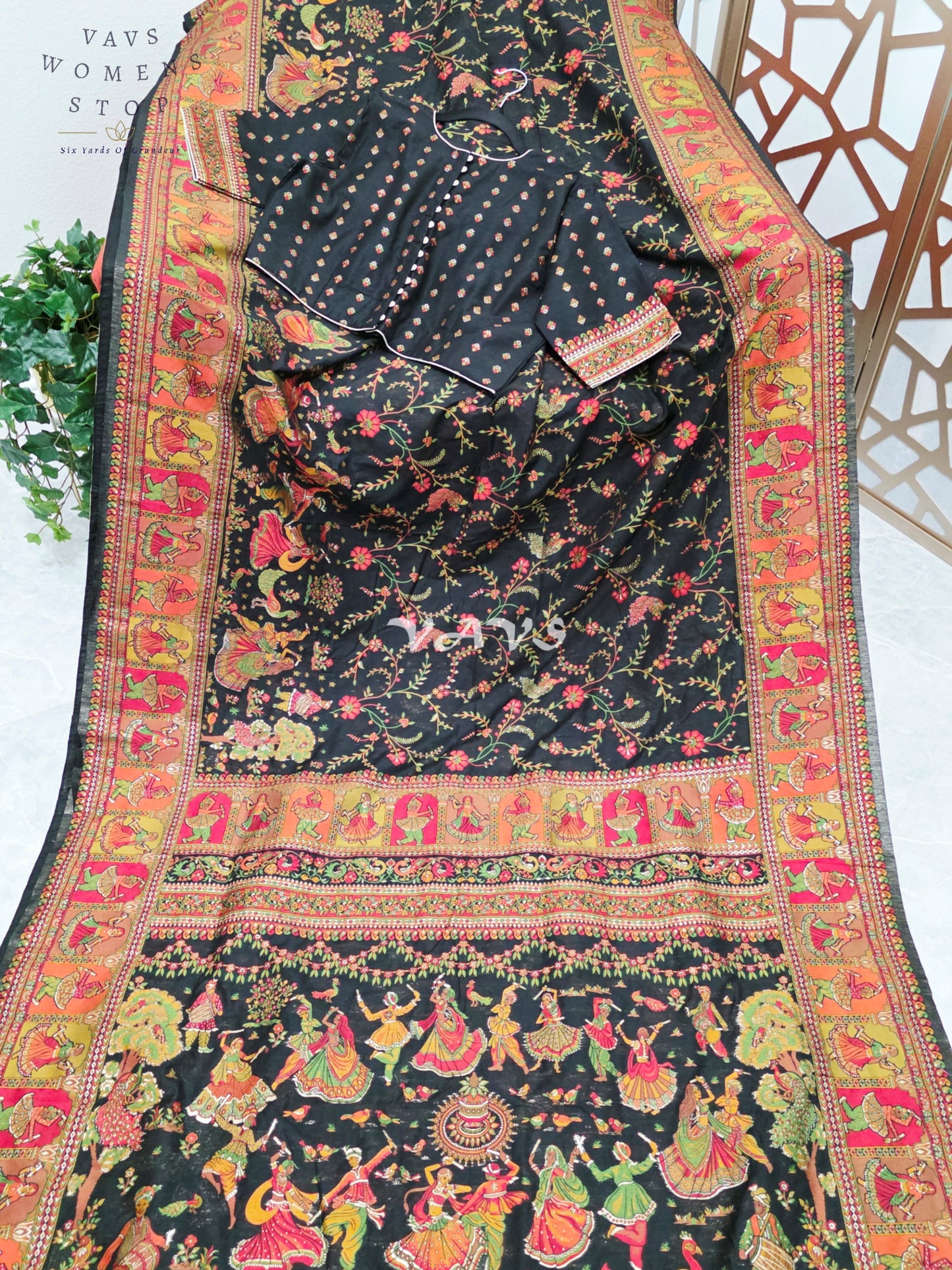 Midnight Black Pure Kani Silk Kashmiri Saree with Heritage Folk Art Pallu & Stitched Blouse Size 40-46