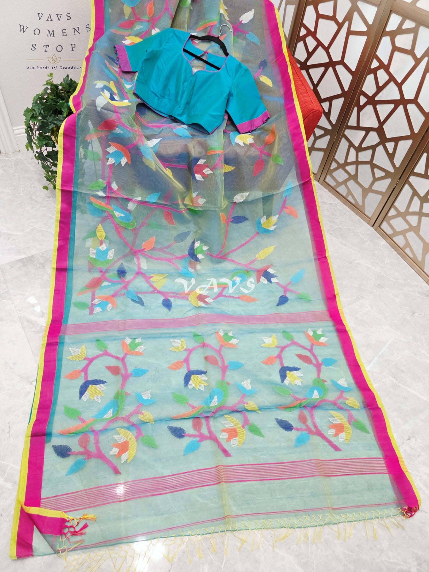 Sea Mist Aqua Pure Muslin Silk Jamdani Saree with Multicolor Floral Bird Motifs & Stitched Blouse Size 36-42