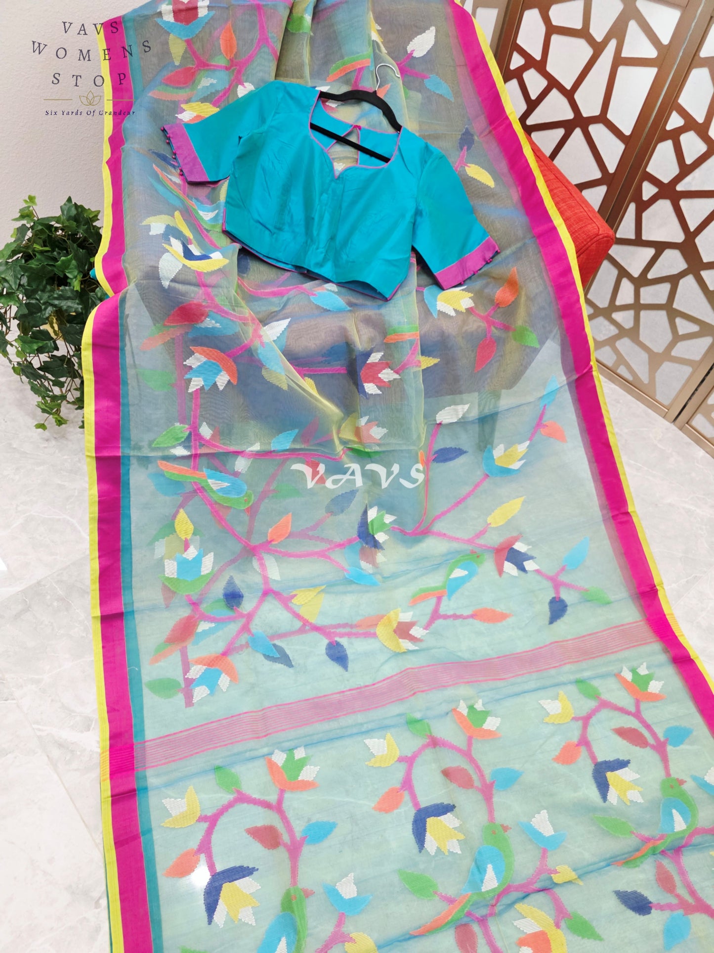 Sea Mist Aqua Pure Muslin Silk Jamdani Saree with Multicolor Floral Bird Motifs & Stitched Blouse Size 36-42