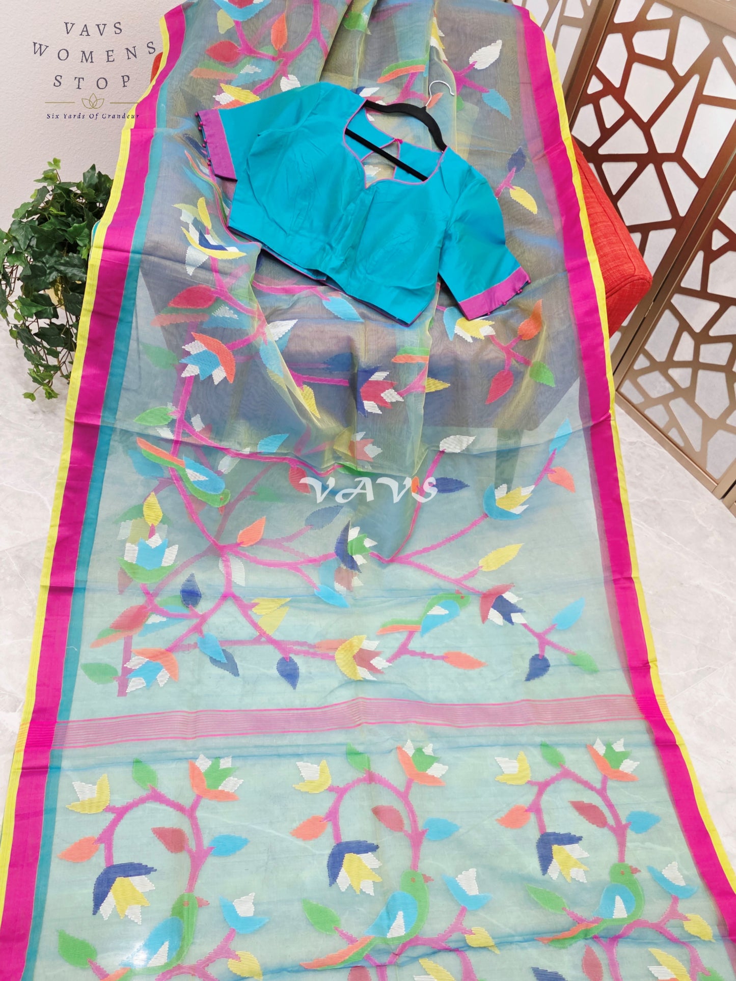 Sea Mist Aqua Pure Muslin Silk Jamdani Saree with Multicolor Floral Bird Motifs & Stitched Blouse Size 36-42