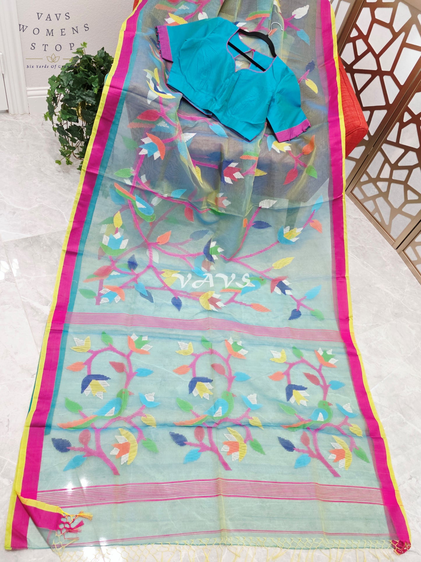 Sea Mist Aqua Pure Muslin Silk Jamdani Saree with Multicolor Floral Bird Motifs & Stitched Blouse Size 36-42