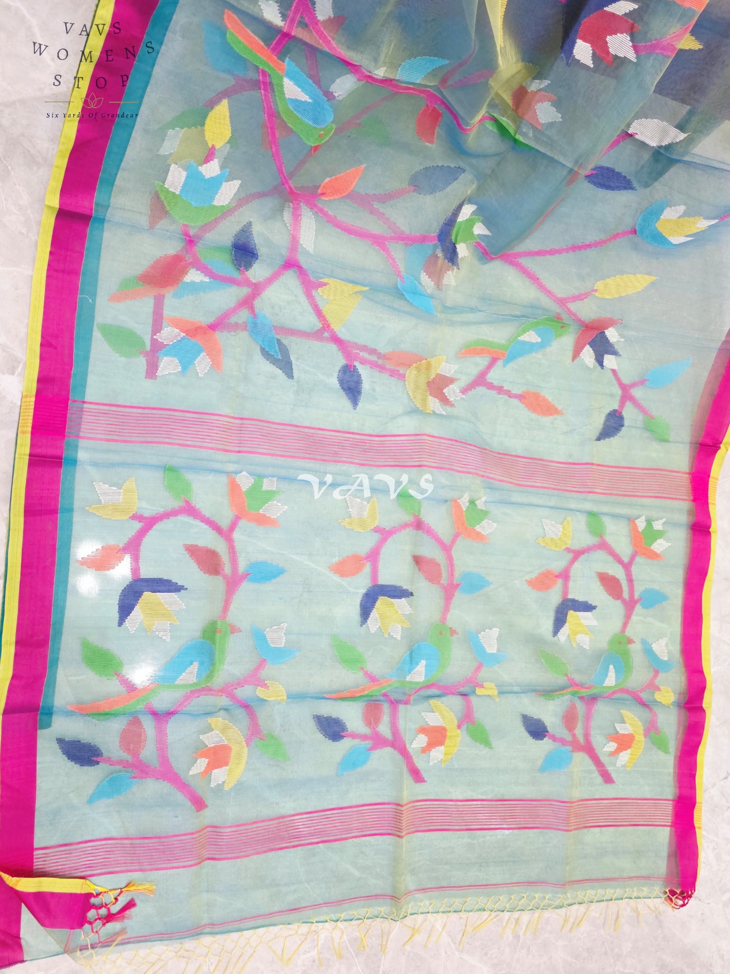 Sea Mist Aqua Pure Muslin Silk Jamdani Saree with Multicolor Floral Bird Motifs & Stitched Blouse Size 36-42