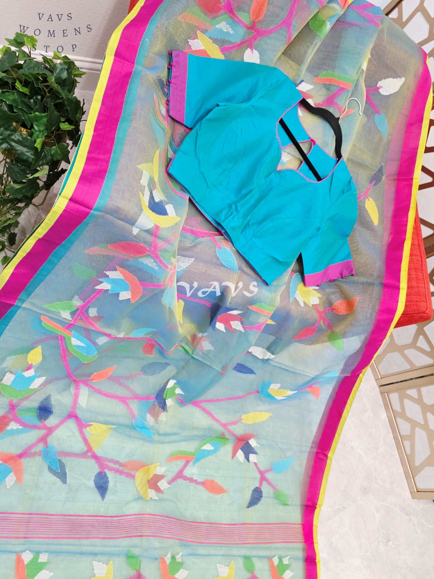 Sea Mist Aqua Pure Muslin Silk Jamdani Saree with Multicolor Floral Bird Motifs & Stitched Blouse Size 36-42