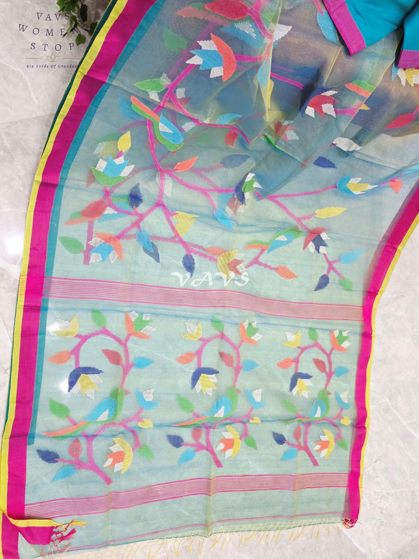 Sea Mist Aqua Pure Muslin Silk Jamdani Saree with Multicolor Floral Bird Motifs & Stitched Blouse Size 36-42