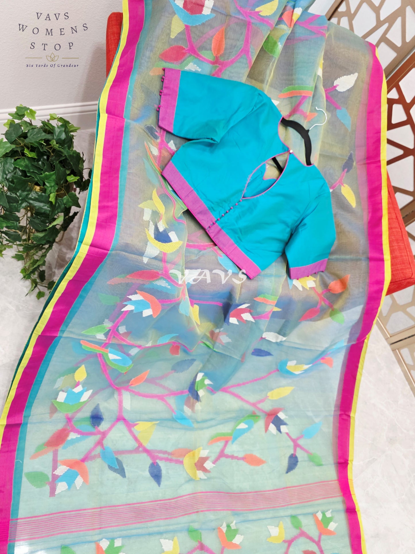 Sea Mist Aqua Pure Muslin Silk Jamdani Saree with Multicolor Floral Bird Motifs & Stitched Blouse Size 36-42
