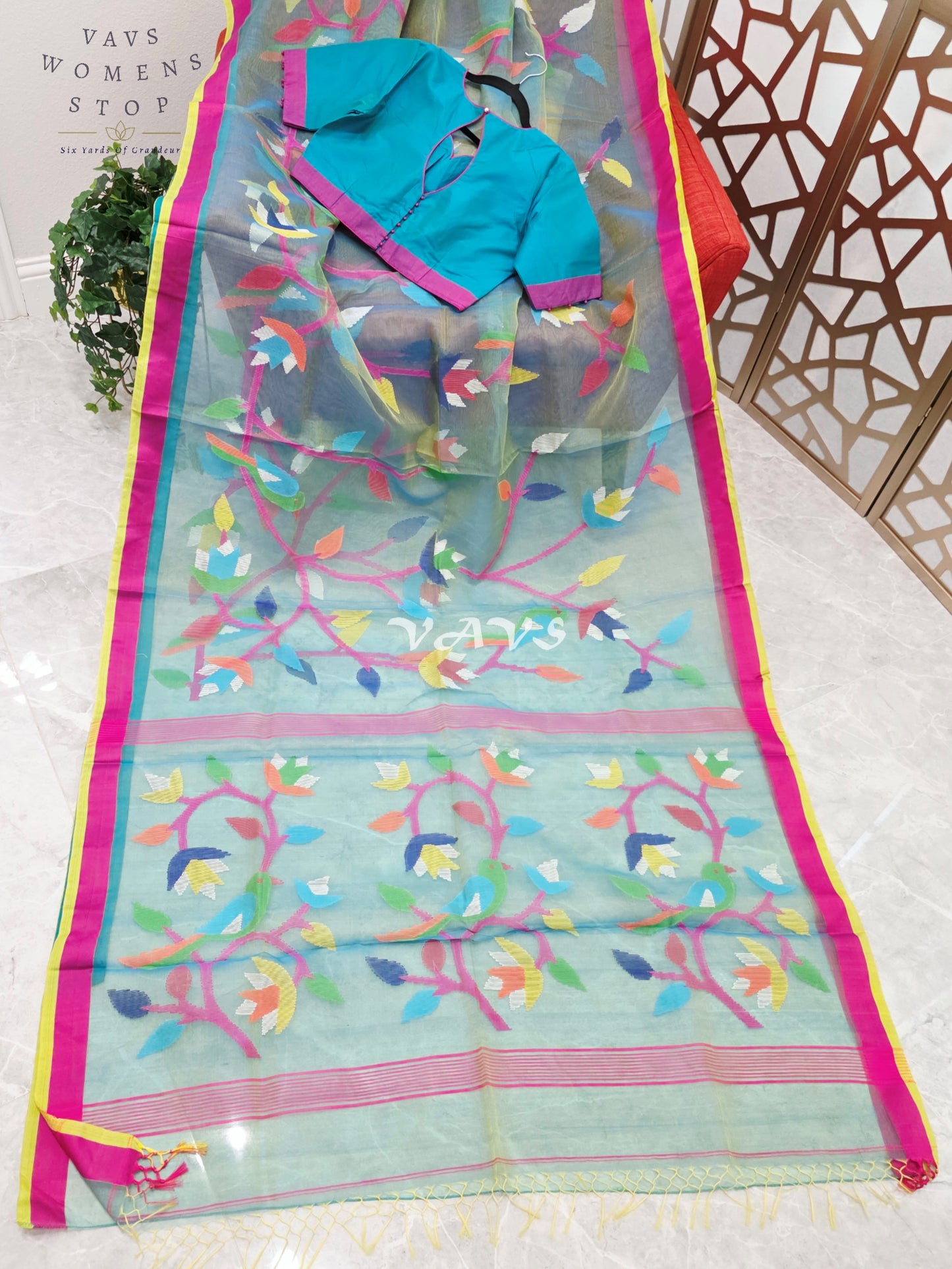 Sea Mist Aqua Pure Muslin Silk Jamdani Saree with Multicolor Floral Bird Motifs & Stitched Blouse Size 36-42