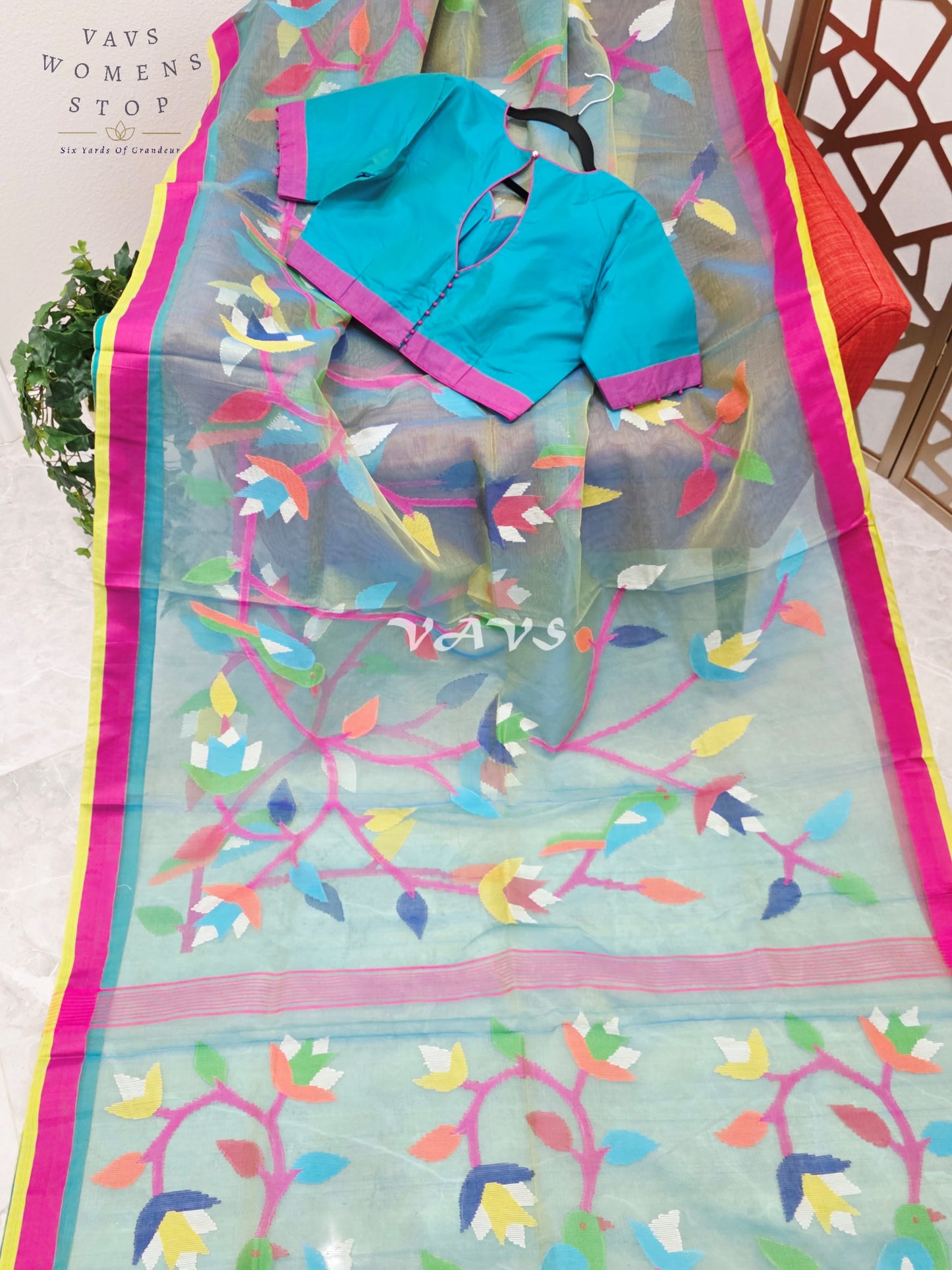 Sea Mist Aqua Pure Muslin Silk Jamdani Saree with Multicolor Floral Bird Motifs & Stitched Blouse Size 36-42