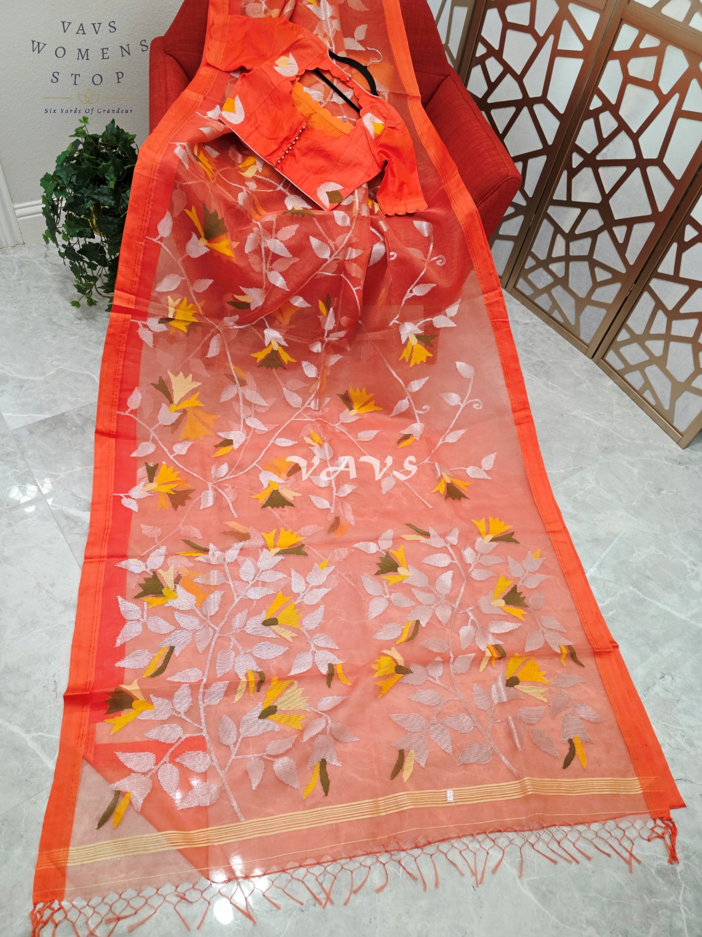 Sunset Coral Orange Pure Muslin Silk Jamdani Saree with Floral Vines & Stitched Blouse Size 36, Extendable to 42