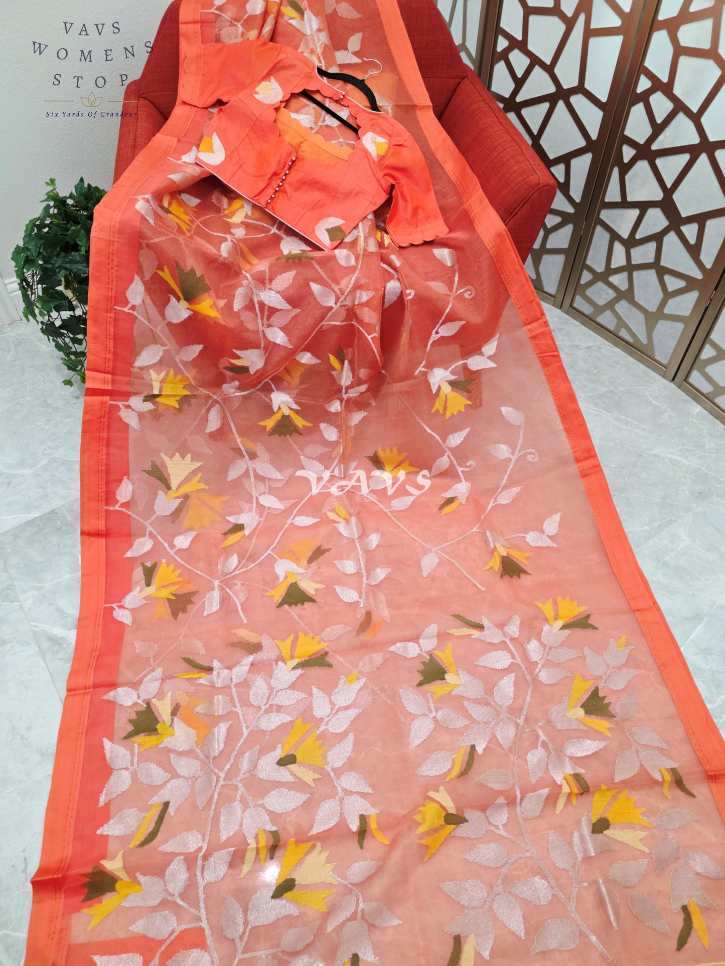 Sunset Coral Orange Pure Muslin Silk Jamdani Saree with Floral Vines & Stitched Blouse Size 36, Extendable to 42