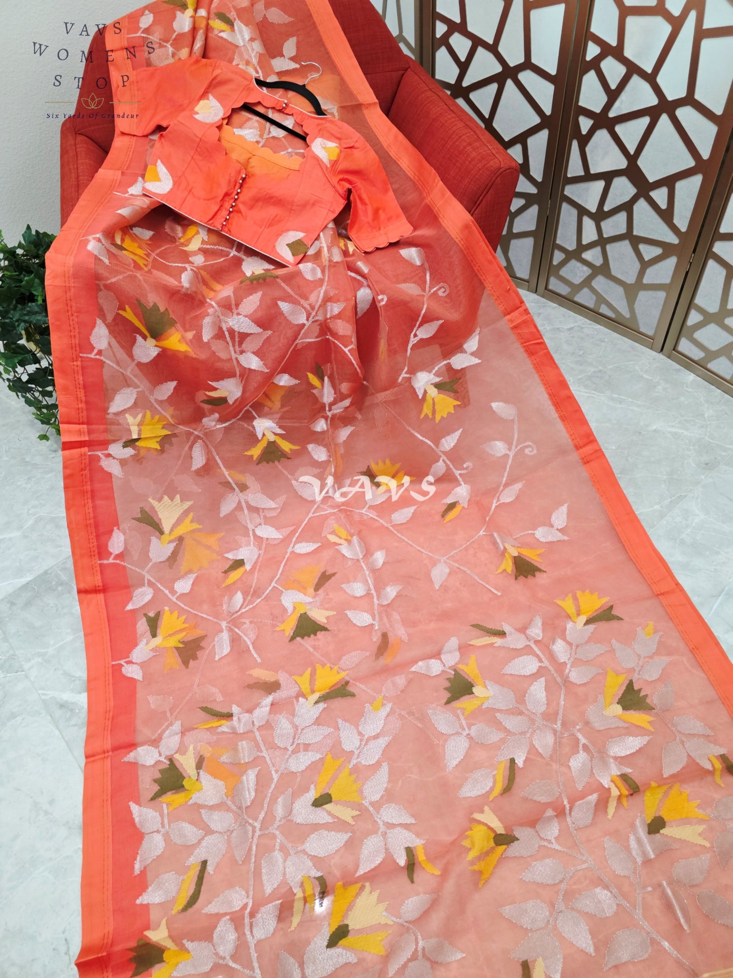 Sunset Coral Orange Pure Muslin Silk Jamdani Saree with Floral Vines & Stitched Blouse Size 36, Extendable to 42