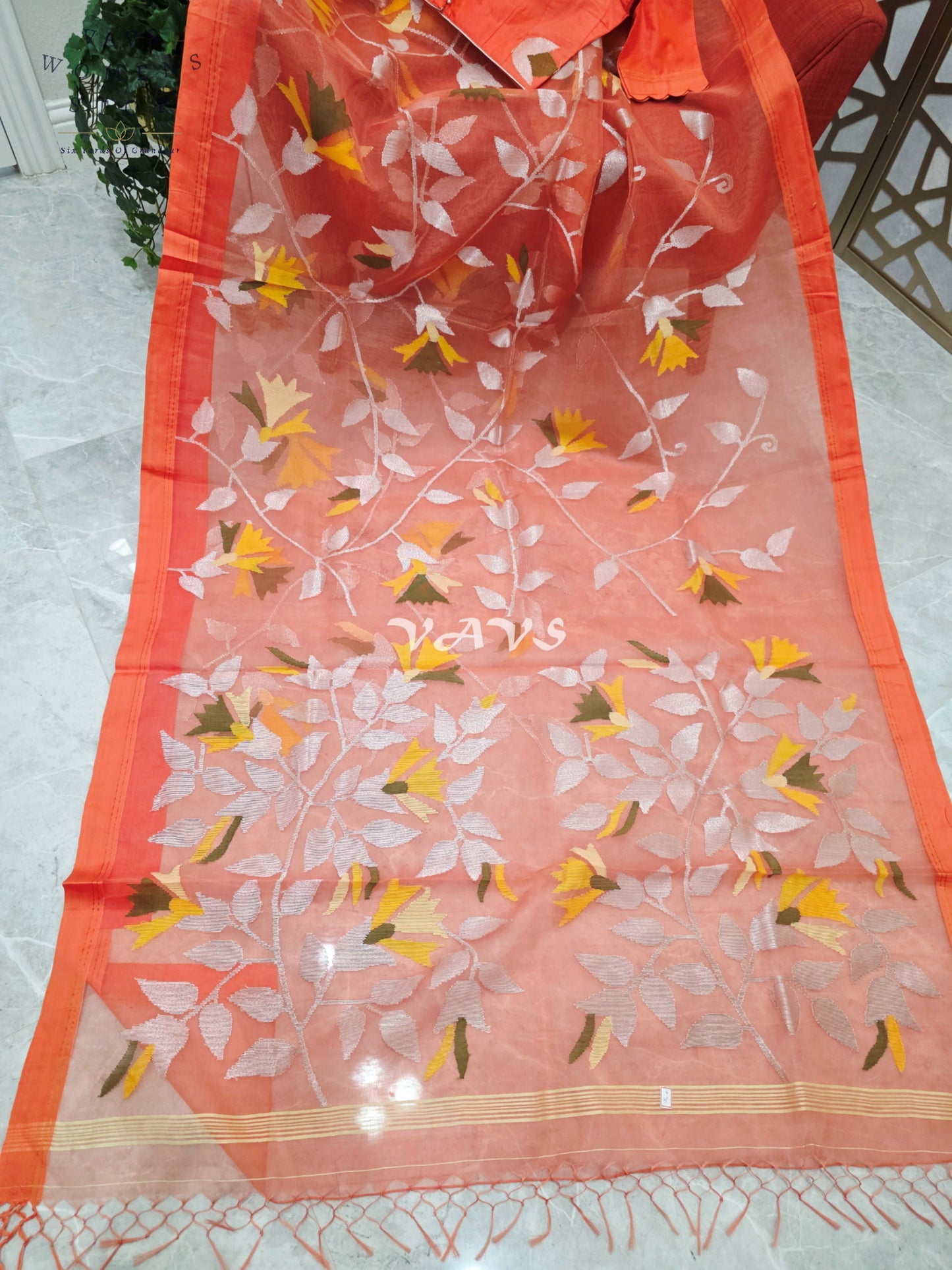 Sunset Coral Orange Pure Muslin Silk Jamdani Saree with Floral Vines & Stitched Blouse Size 36, Extendable to 42