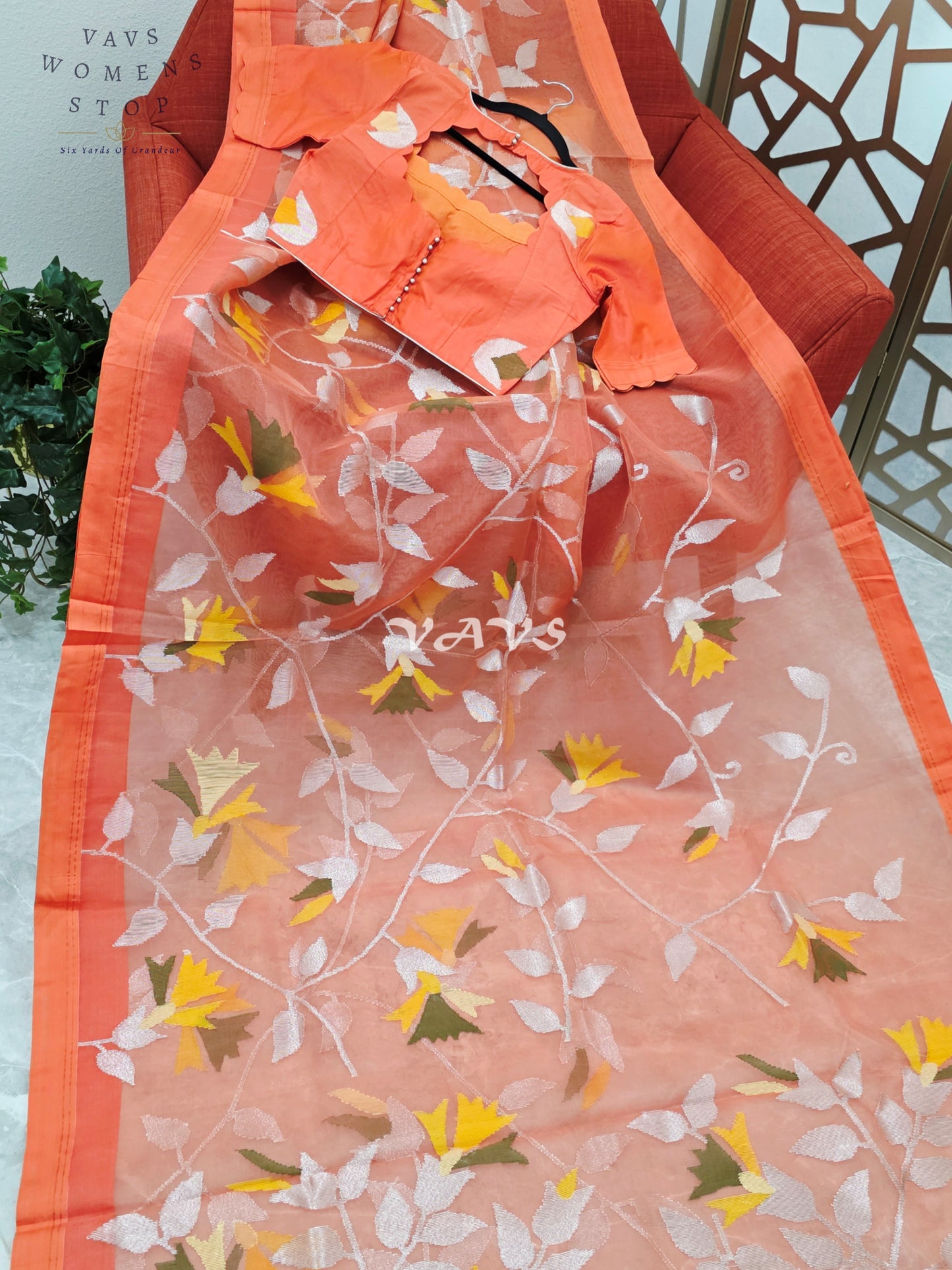 Sunset Coral Orange Pure Muslin Silk Jamdani Saree with Floral Vines & Stitched Blouse Size 36, Extendable to 42