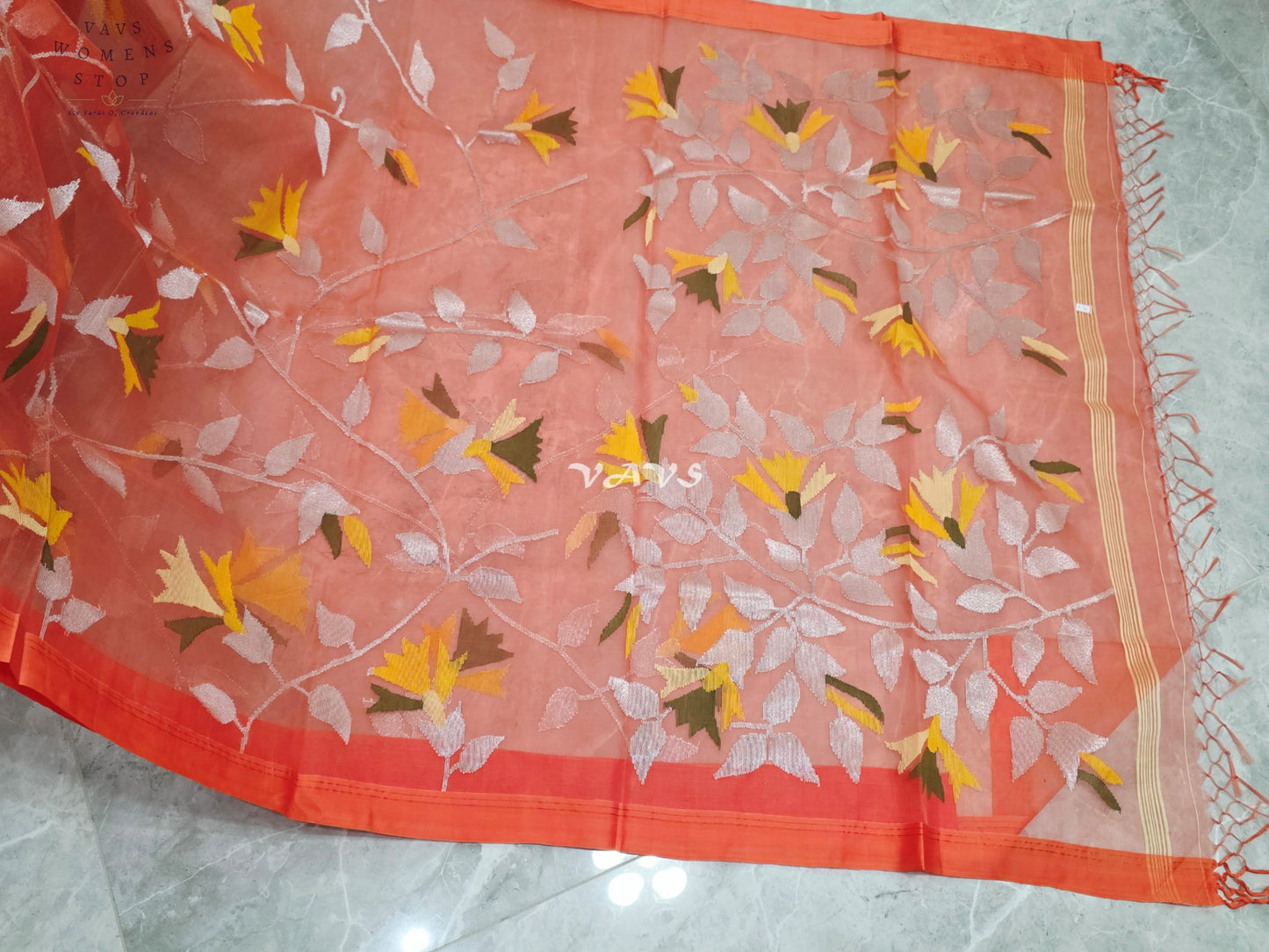 Sunset Coral Orange Pure Muslin Silk Jamdani Saree with Floral Vines & Stitched Blouse Size 36, Extendable to 42