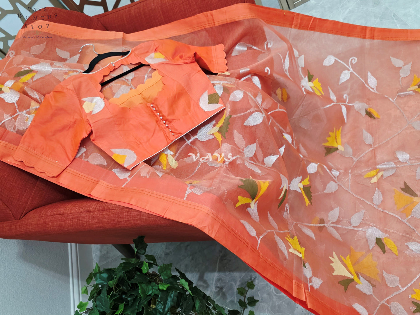 Sunset Coral Orange Pure Muslin Silk Jamdani Saree with Floral Vines & Stitched Blouse Size 36, Extendable to 42