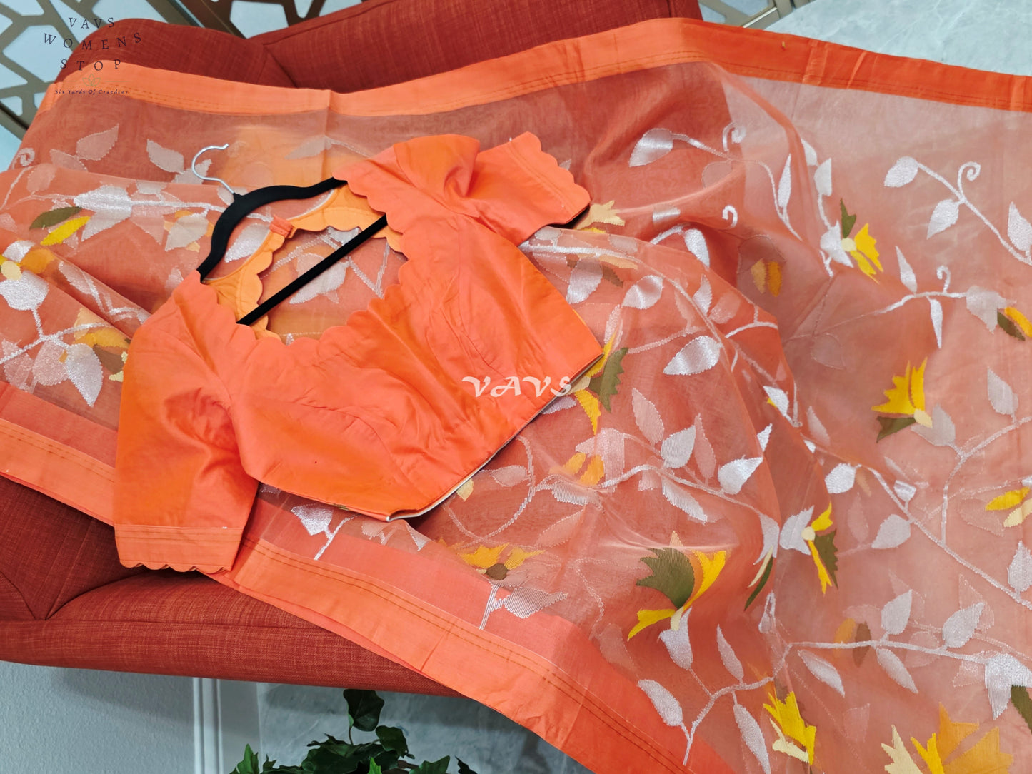 Sunset Coral Orange Pure Muslin Silk Jamdani Saree with Floral Vines & Stitched Blouse Size 36, Extendable to 42