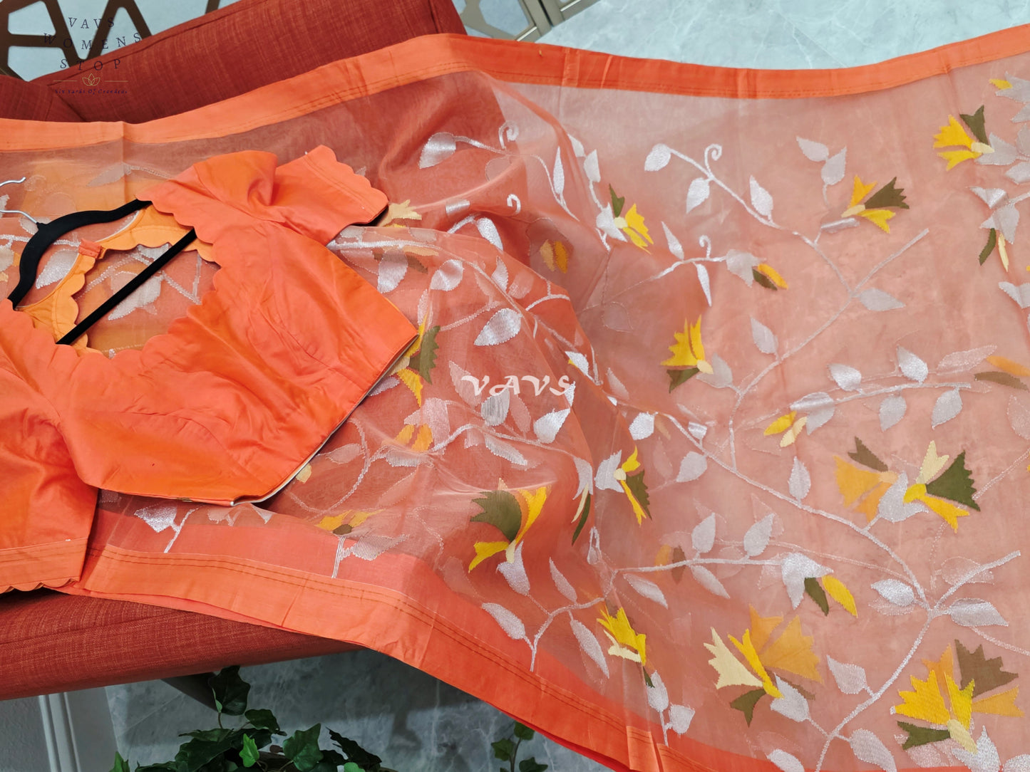 Sunset Coral Orange Pure Muslin Silk Jamdani Saree with Floral Vines & Stitched Blouse Size 36, Extendable to 42