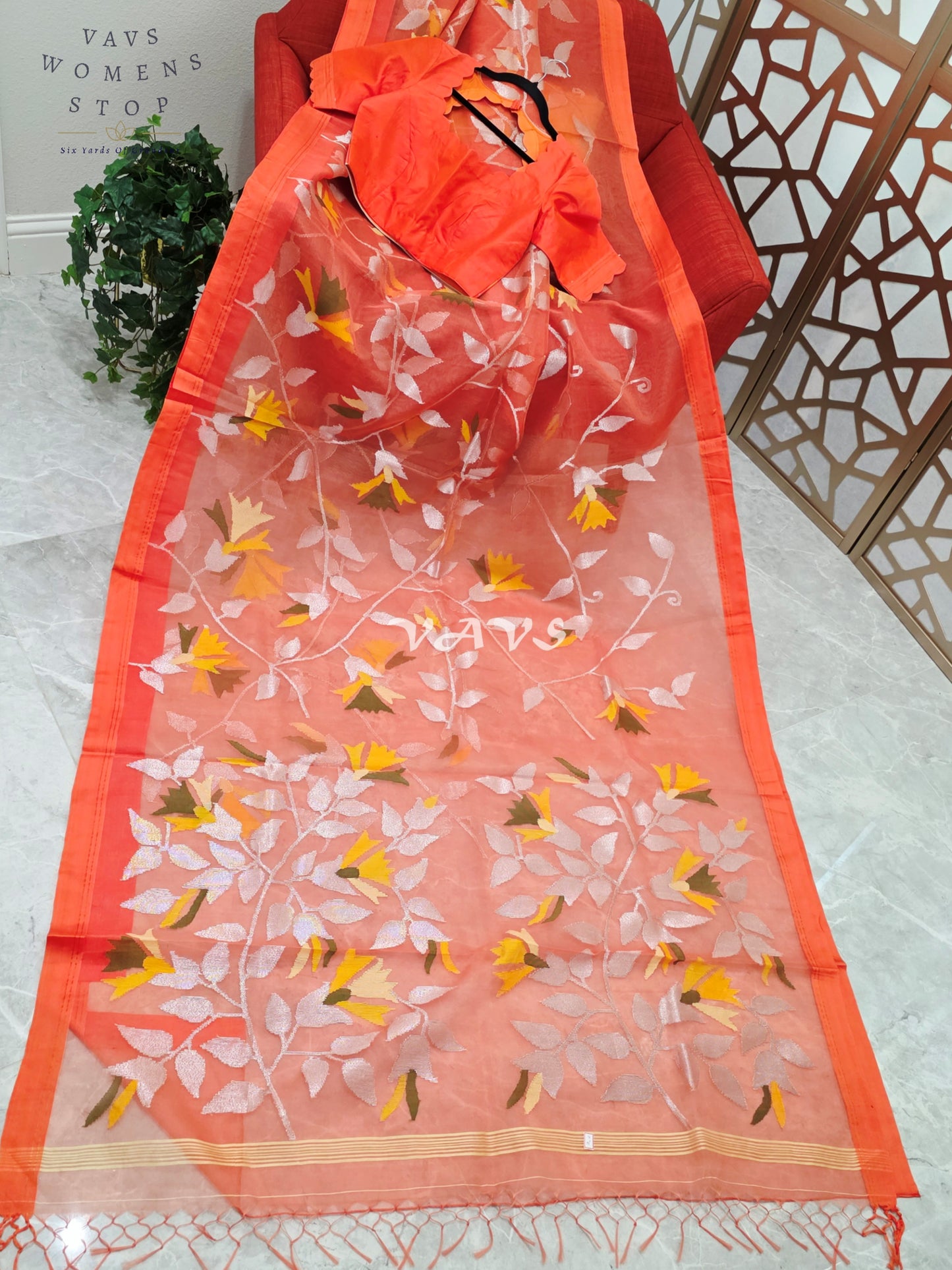 Sunset Coral Orange Pure Muslin Silk Jamdani Saree with Floral Vines & Stitched Blouse Size 36, Extendable to 42