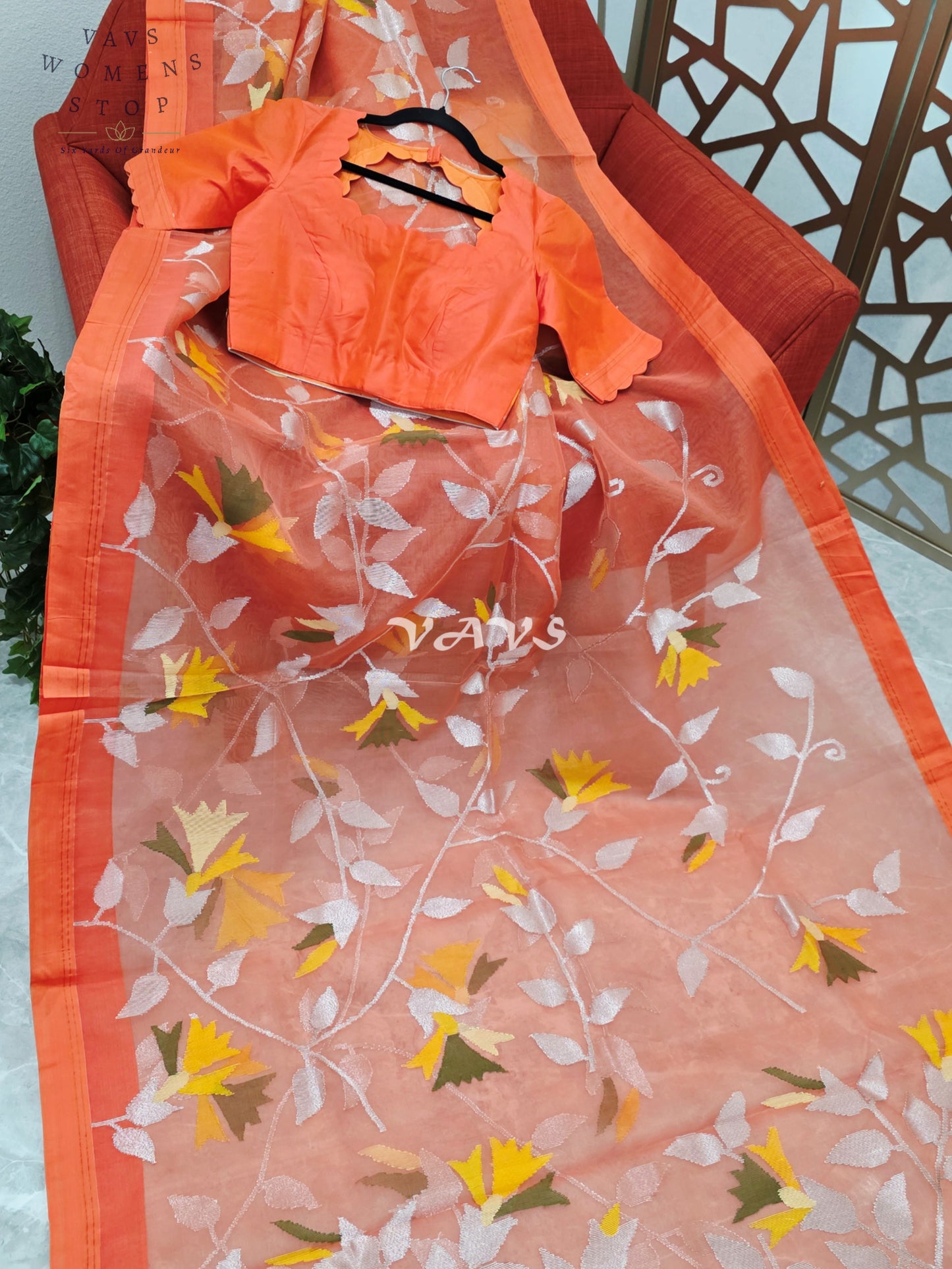 Sunset Coral Orange Pure Muslin Silk Jamdani Saree with Floral Vines & Stitched Blouse Size 36, Extendable to 42