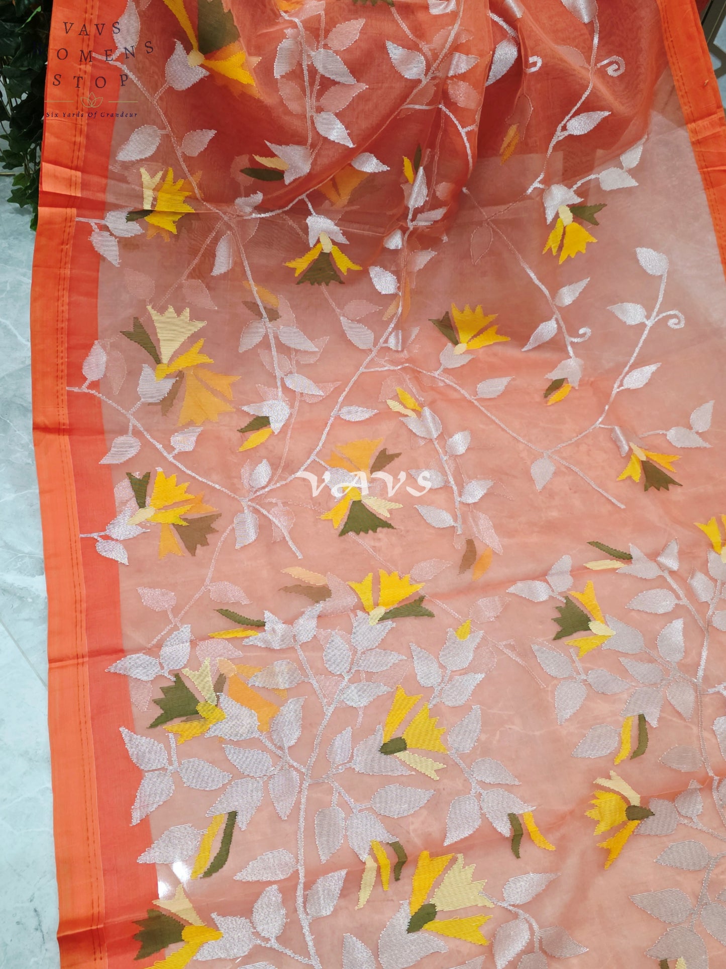 Sunset Coral Orange Pure Muslin Silk Jamdani Saree with Floral Vines & Stitched Blouse Size 36, Extendable to 42
