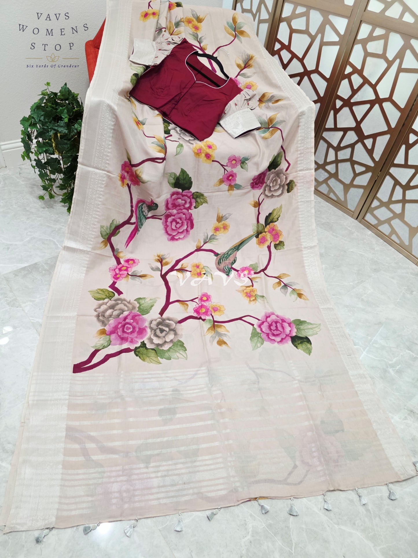 Pearl Ivory Mangalagiri Silk Bird & Floral Print Saree with Burgundy Wine Stitched Puff Sleeve Blouse Size 38, Extendable to 44