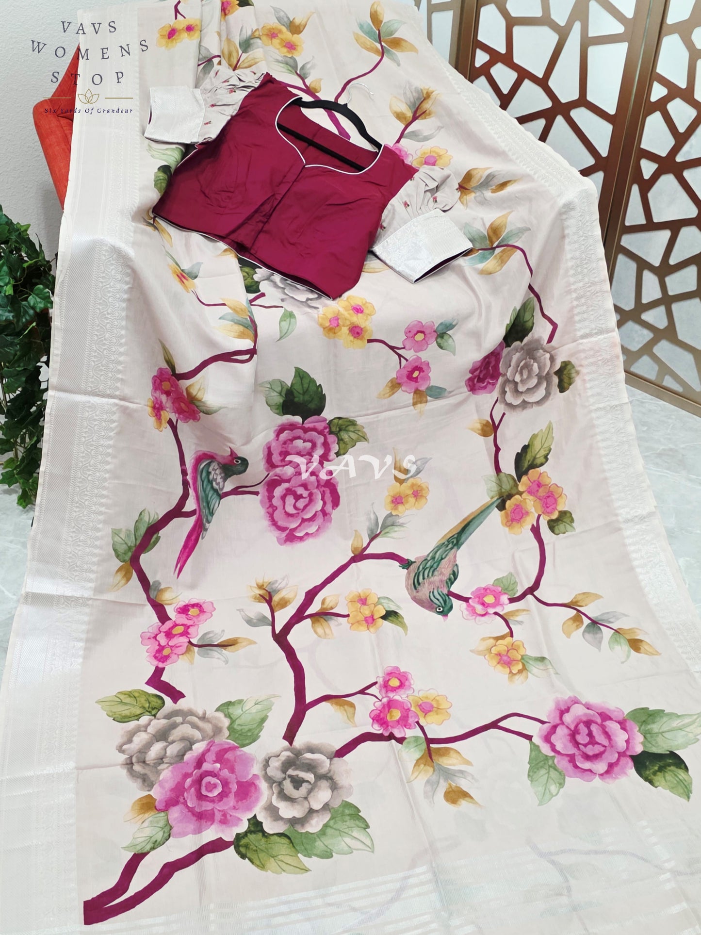 Pearl Ivory Mangalagiri Silk Bird & Floral Print Saree with Burgundy Wine Stitched Puff Sleeve Blouse Size 38, Extendable to 44
