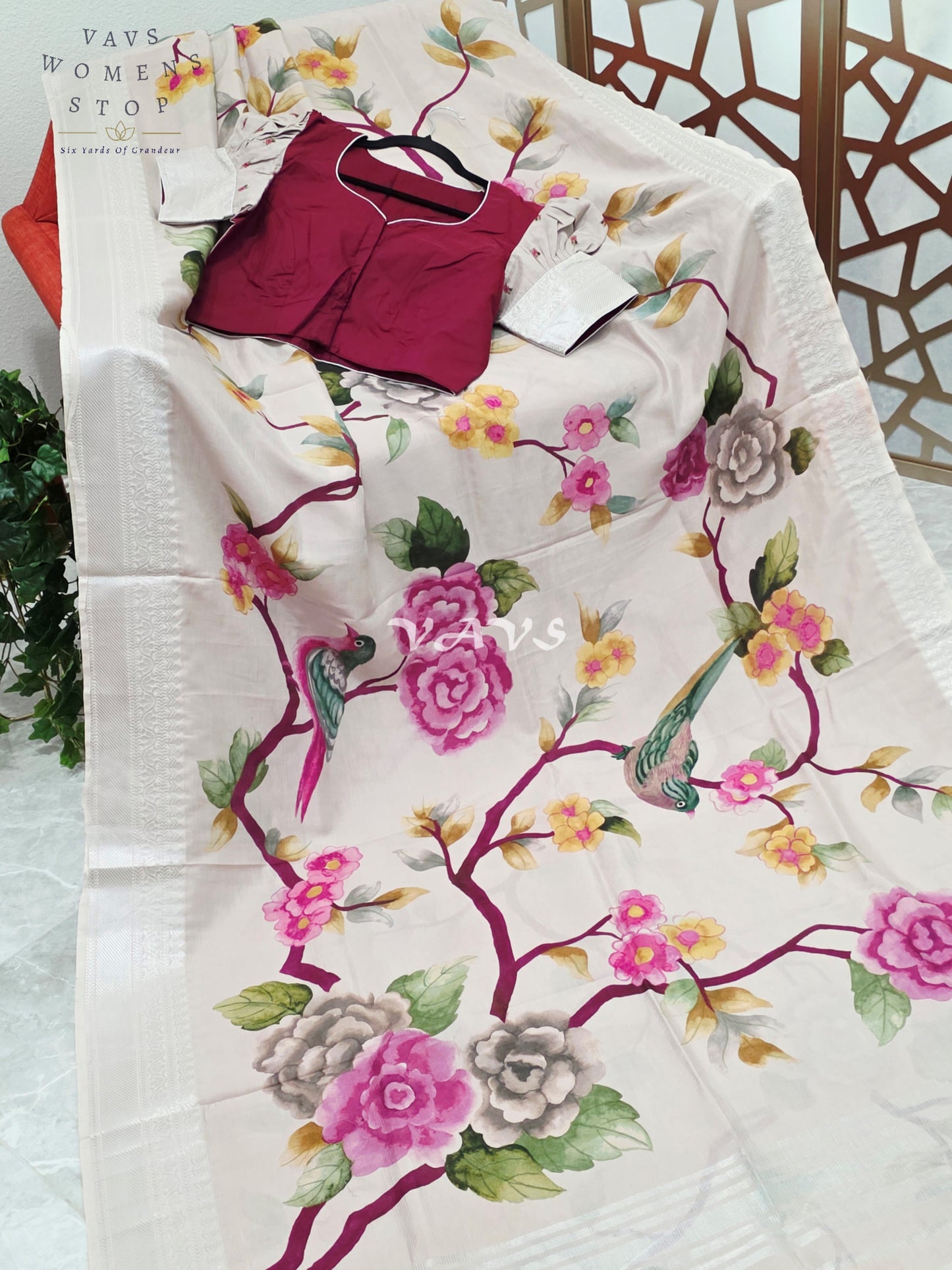 Pearl Ivory Mangalagiri Silk Bird & Floral Print Saree with Burgundy Wine Stitched Puff Sleeve Blouse Size 38, Extendable to 44