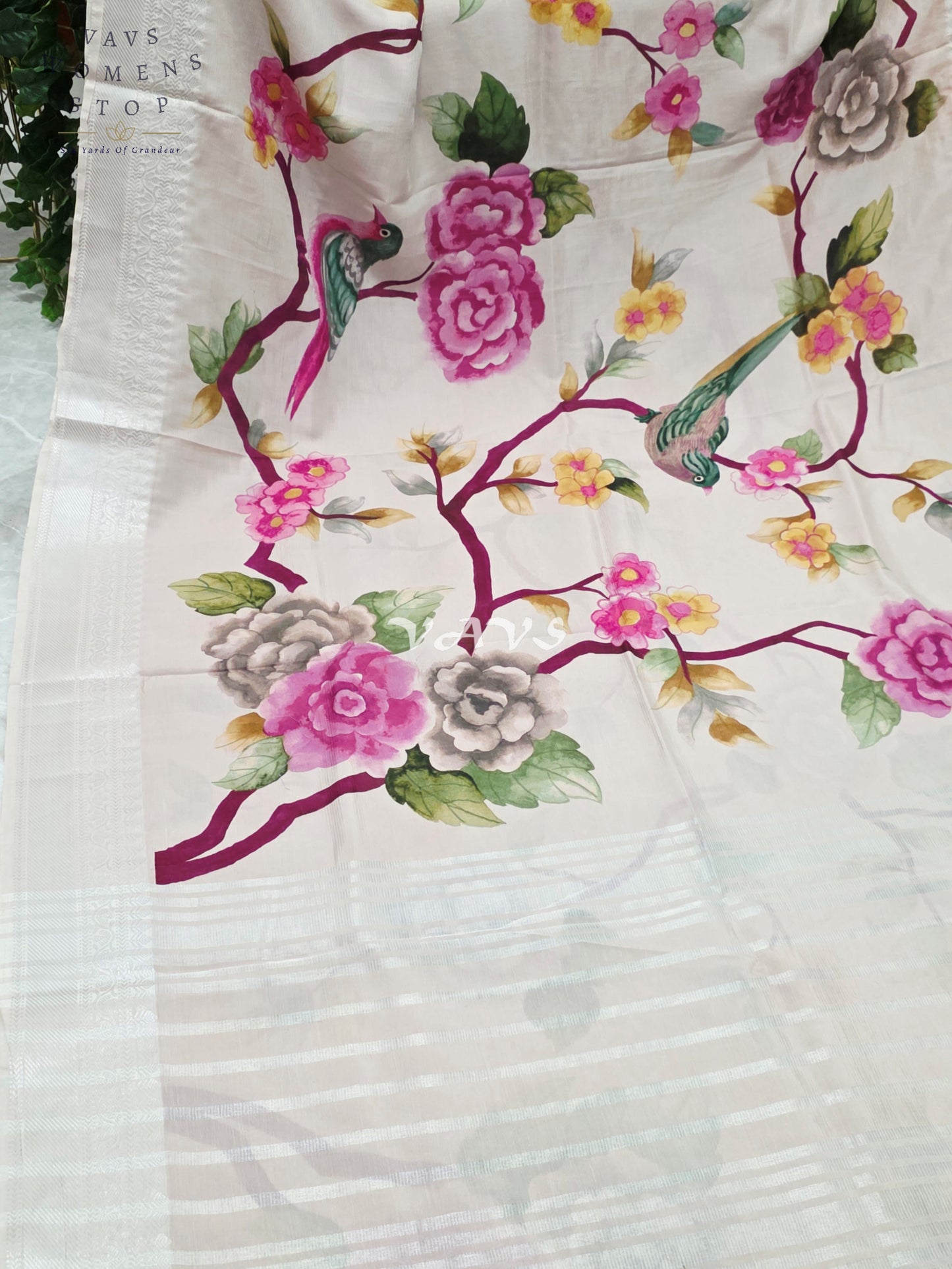 Pearl Ivory Mangalagiri Silk Bird & Floral Print Saree with Burgundy Wine Stitched Puff Sleeve Blouse Size 38, Extendable to 44