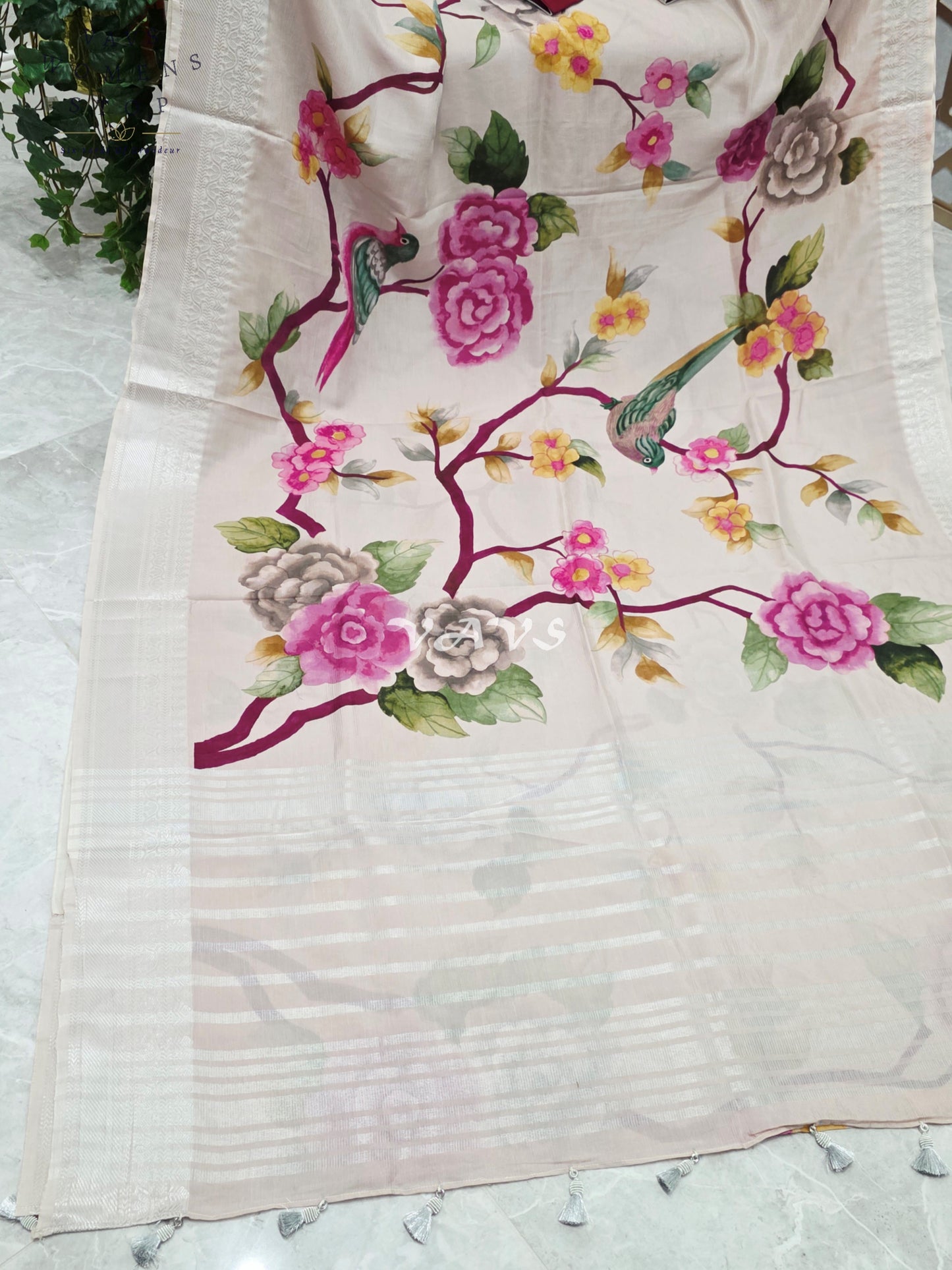 Pearl Ivory Mangalagiri Silk Bird & Floral Print Saree with Burgundy Wine Stitched Puff Sleeve Blouse Size 38, Extendable to 44