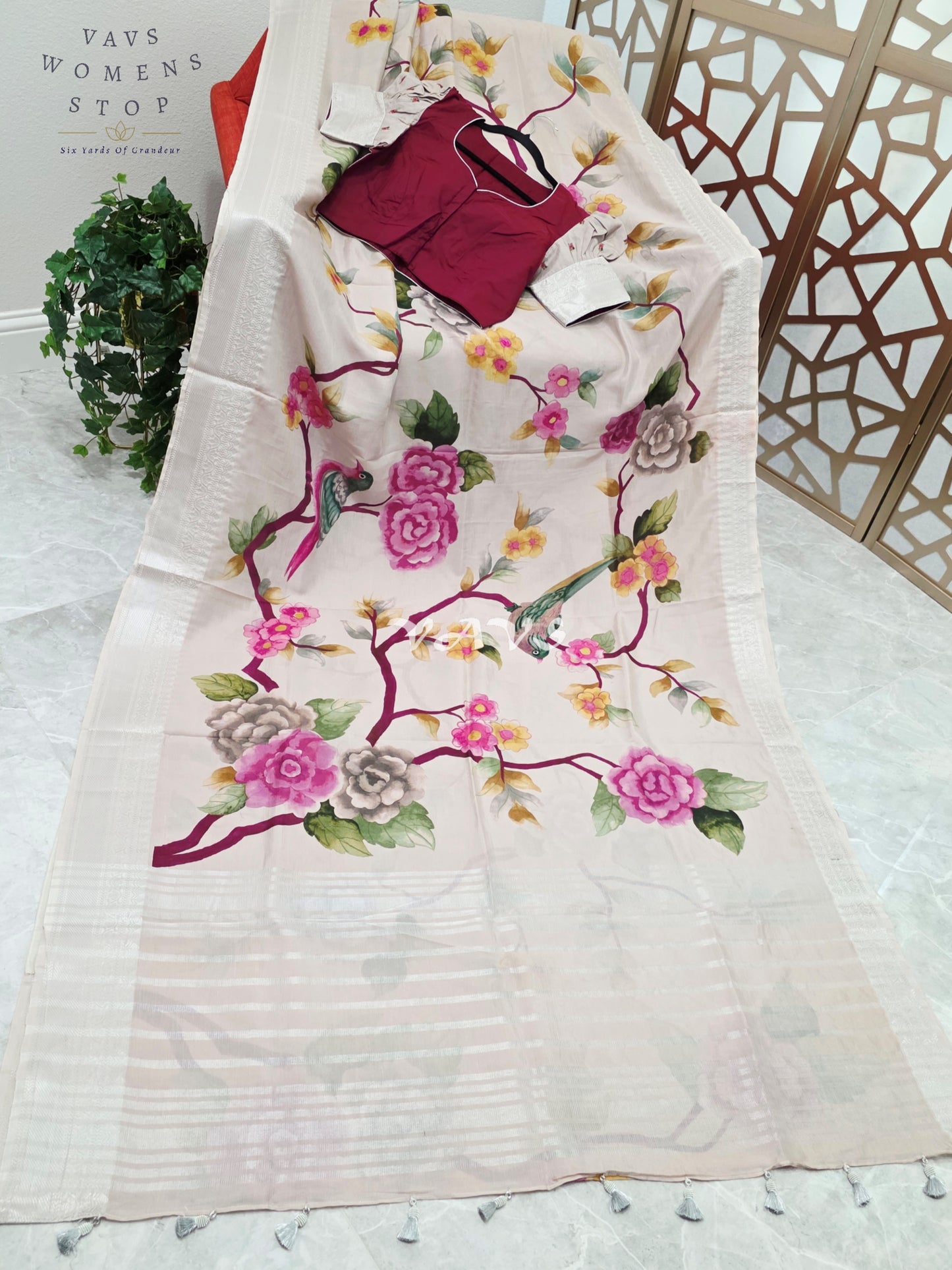 Pearl Ivory Mangalagiri Silk Bird & Floral Print Saree with Burgundy Wine Stitched Puff Sleeve Blouse Size 38, Extendable to 44