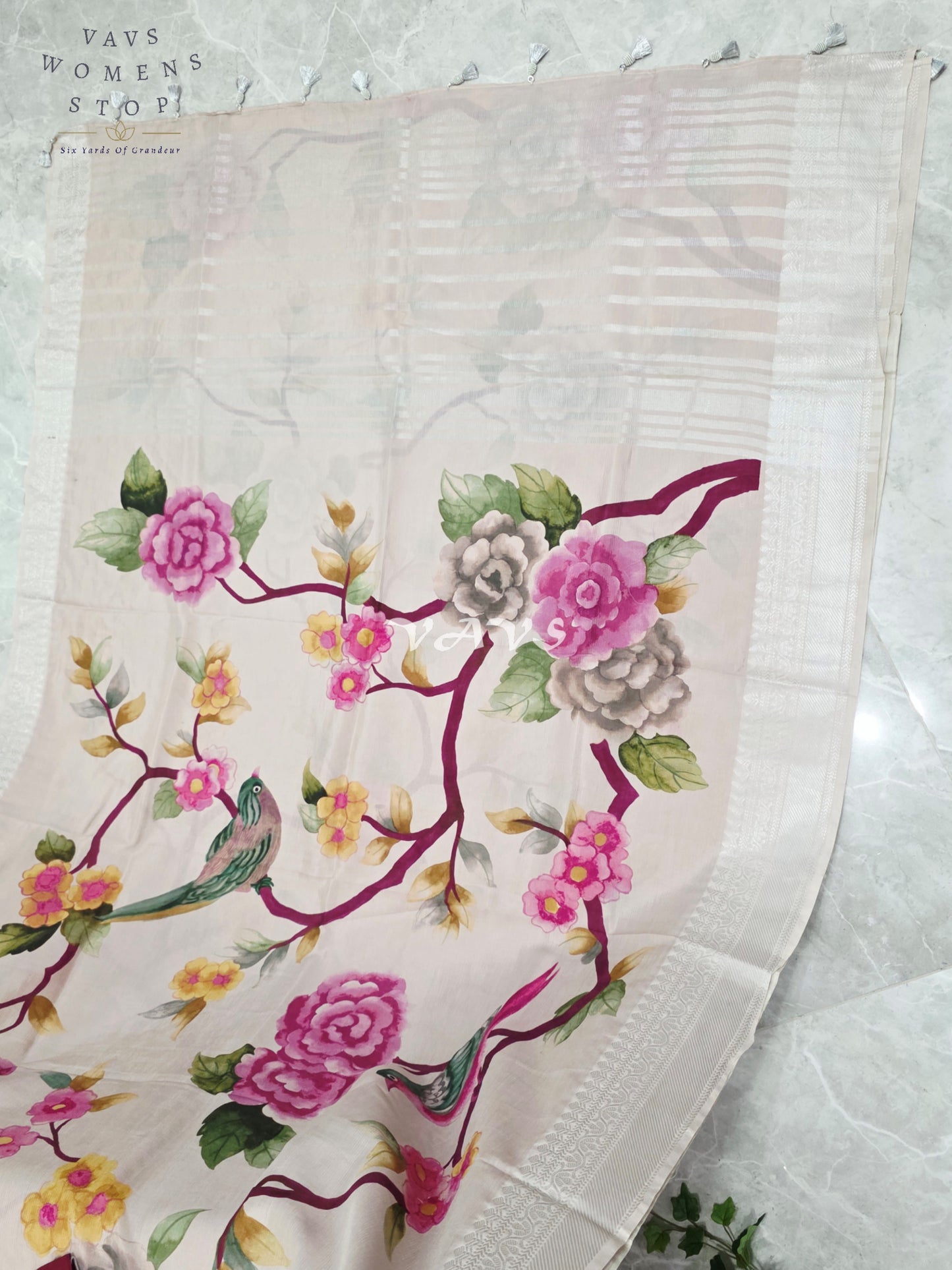 Pearl Ivory Mangalagiri Silk Bird & Floral Print Saree with Burgundy Wine Stitched Puff Sleeve Blouse Size 38, Extendable to 44