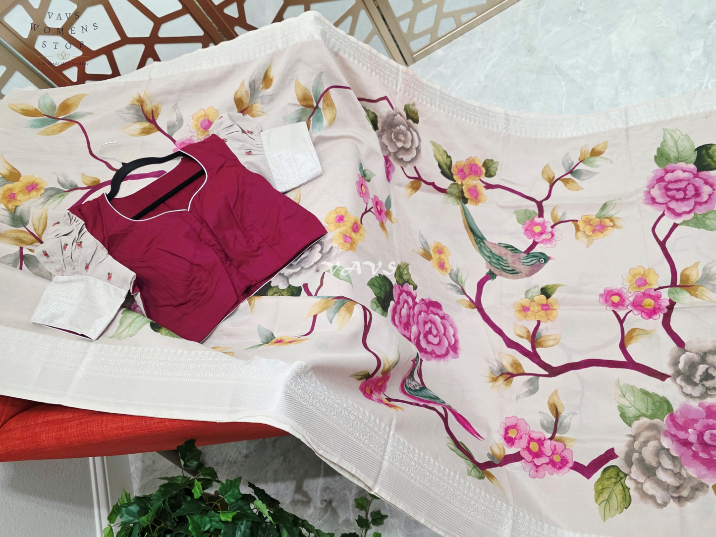 Pearl Ivory Mangalagiri Silk Bird & Floral Print Saree with Burgundy Wine Stitched Puff Sleeve Blouse Size 38, Extendable to 44