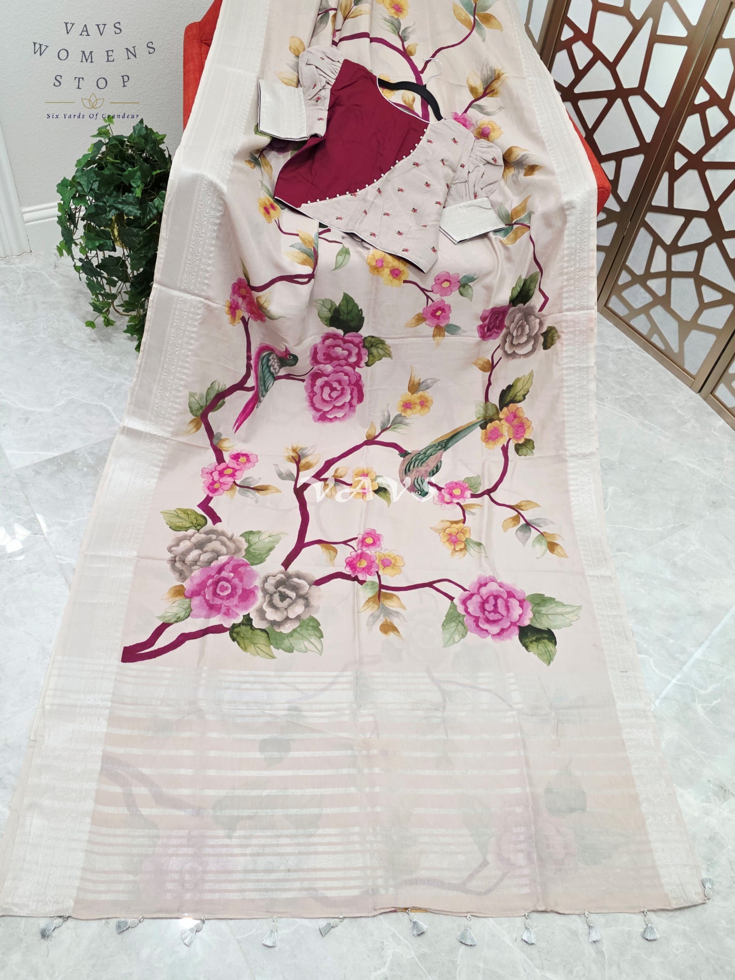 Pearl Ivory Mangalagiri Silk Bird & Floral Print Saree with Burgundy Wine Stitched Puff Sleeve Blouse Size 38, Extendable to 44