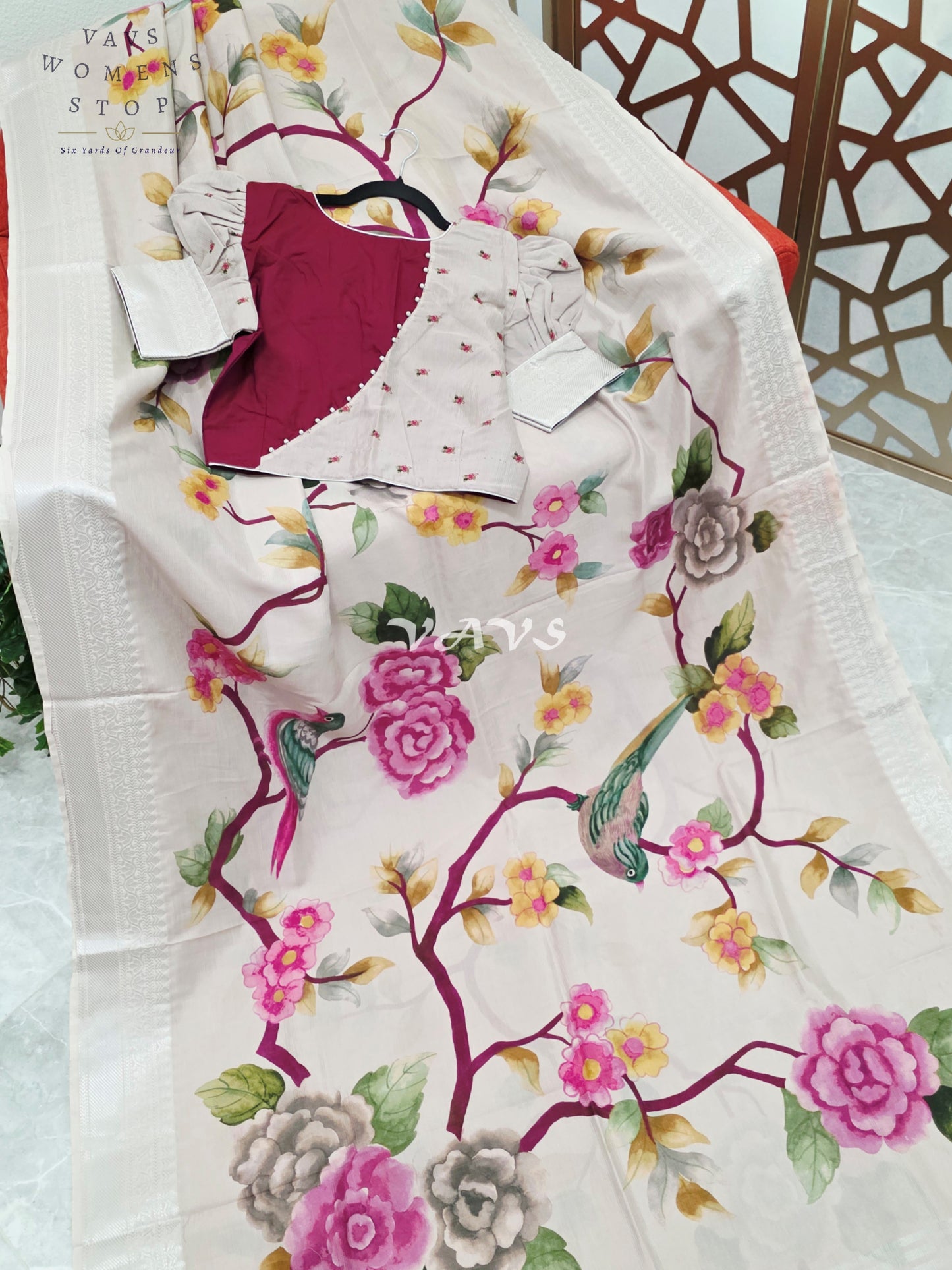 Pearl Ivory Mangalagiri Silk Bird & Floral Print Saree with Burgundy Wine Stitched Puff Sleeve Blouse Size 38, Extendable to 44