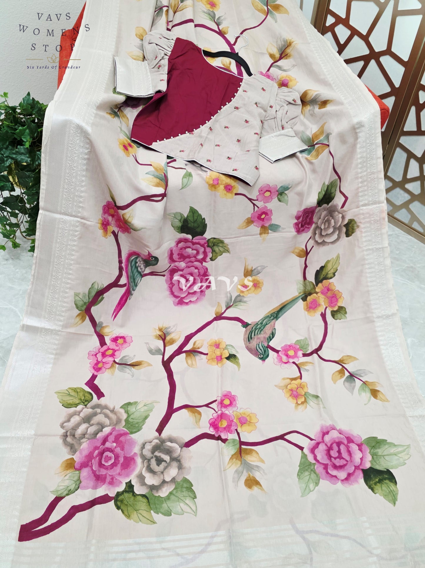 Pearl Ivory Mangalagiri Silk Bird & Floral Print Saree with Burgundy Wine Stitched Puff Sleeve Blouse Size 38, Extendable to 44