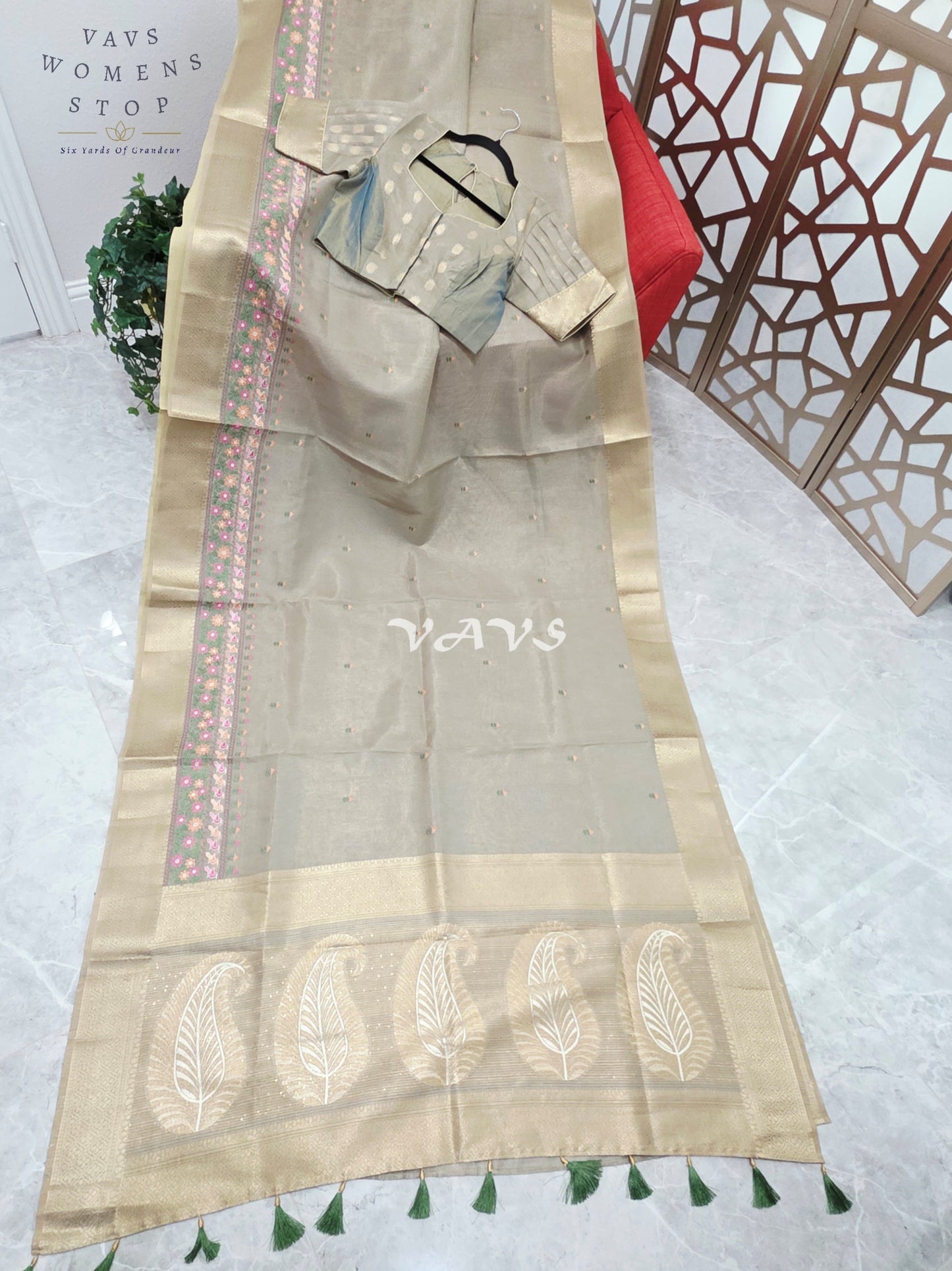 Pearl Sea Green Soft Tissue Cotton Style Embroidered Saree with Champagne Gold Border & Stepped Puff Blouse Size 38, Extendable to 44