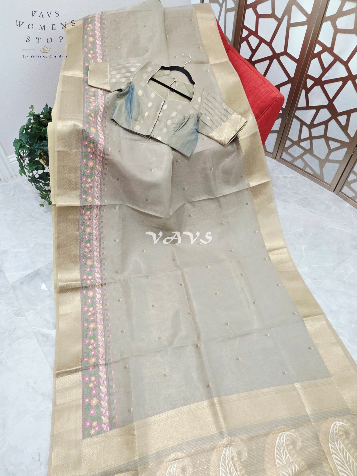 Pearl Sea Green Soft Tissue Cotton Style Embroidered Saree with Champagne Gold Border & Stepped Puff Blouse Size 38, Extendable to 44