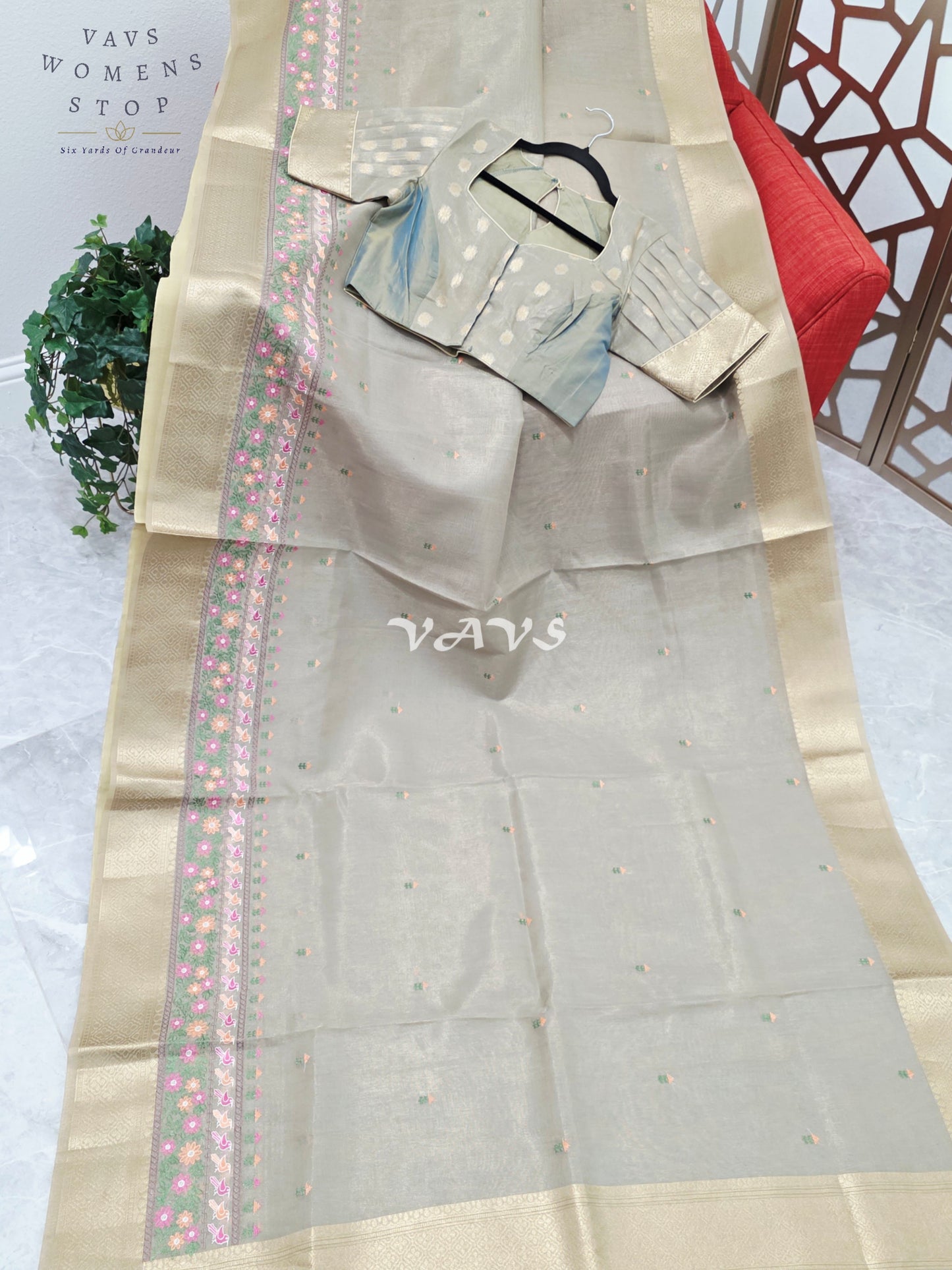 Pearl Sea Green Soft Tissue Cotton Style Embroidered Saree with Champagne Gold Border & Stepped Puff Blouse Size 38, Extendable to 44
