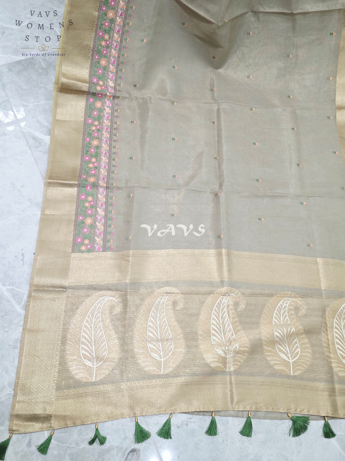 Pearl Sea Green Soft Tissue Cotton Style Embroidered Saree with Champagne Gold Border & Stepped Puff Blouse Size 38, Extendable to 44